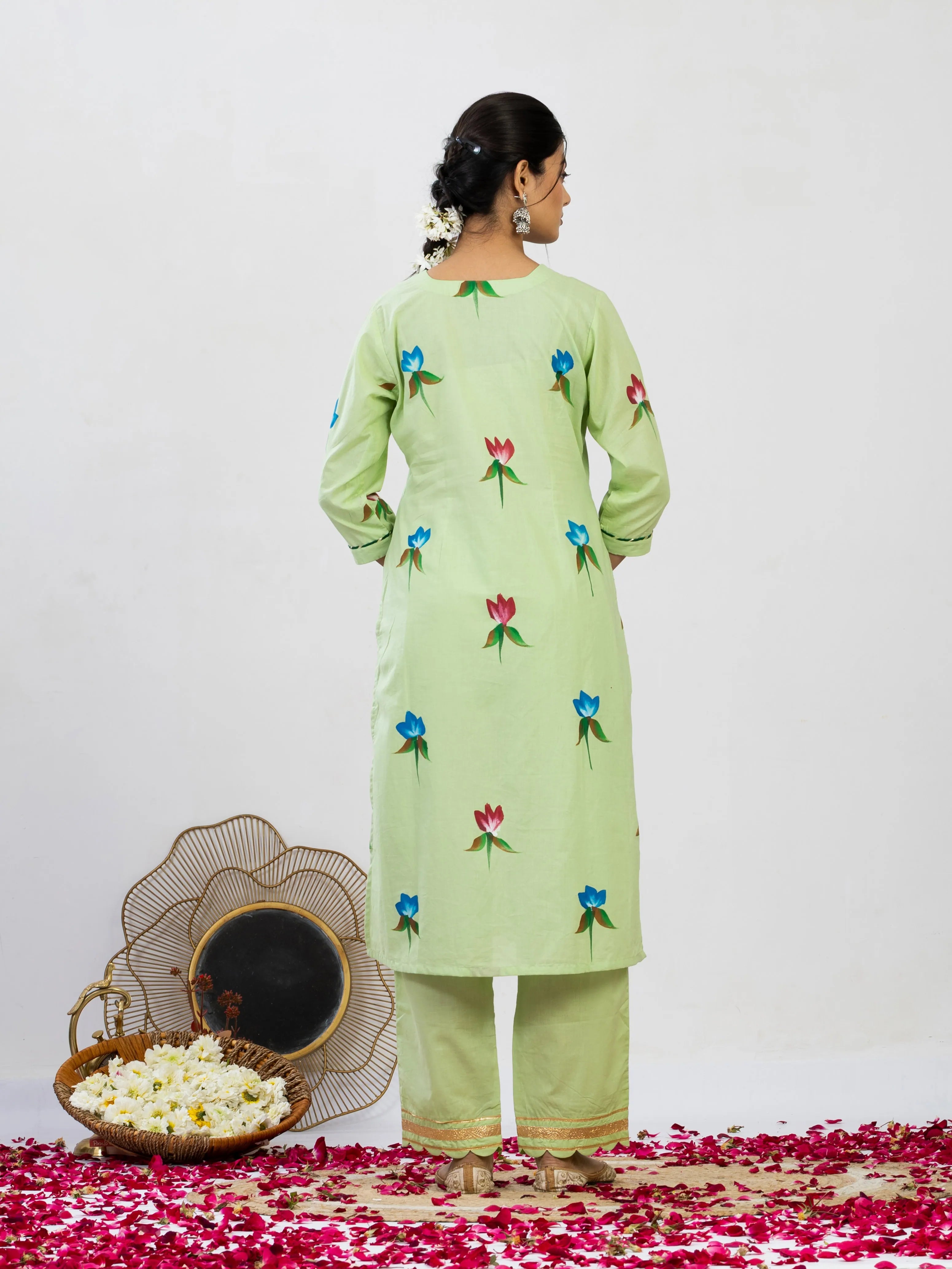 हरितांशी | Handmade Pastel Green Floral Kurta Set with Cut Work Pant & Chiffon Dupatta