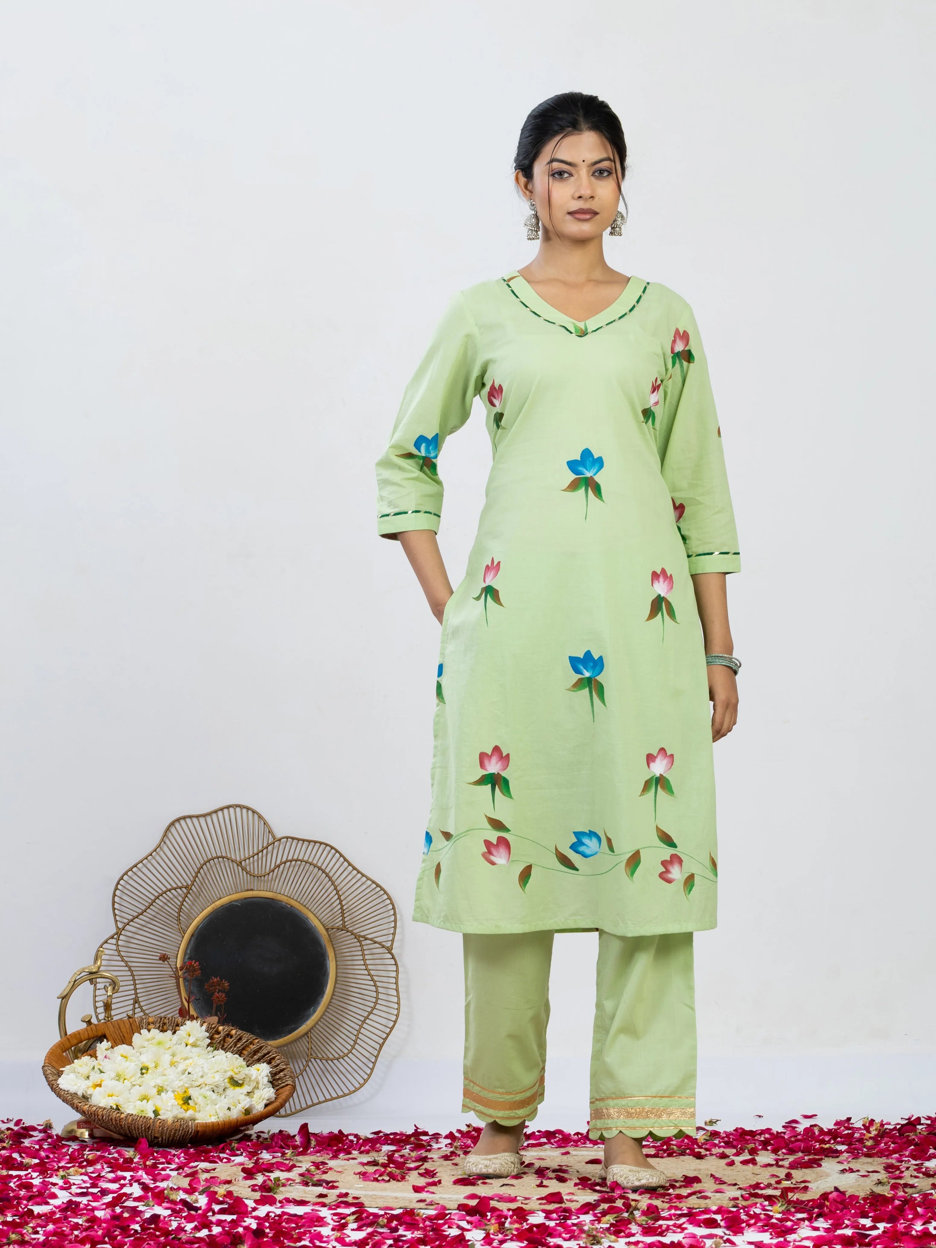 हरितांशी | Handmade Pastel Green Floral Kurta Set with Cut Work Pant & Chiffon Dupatta