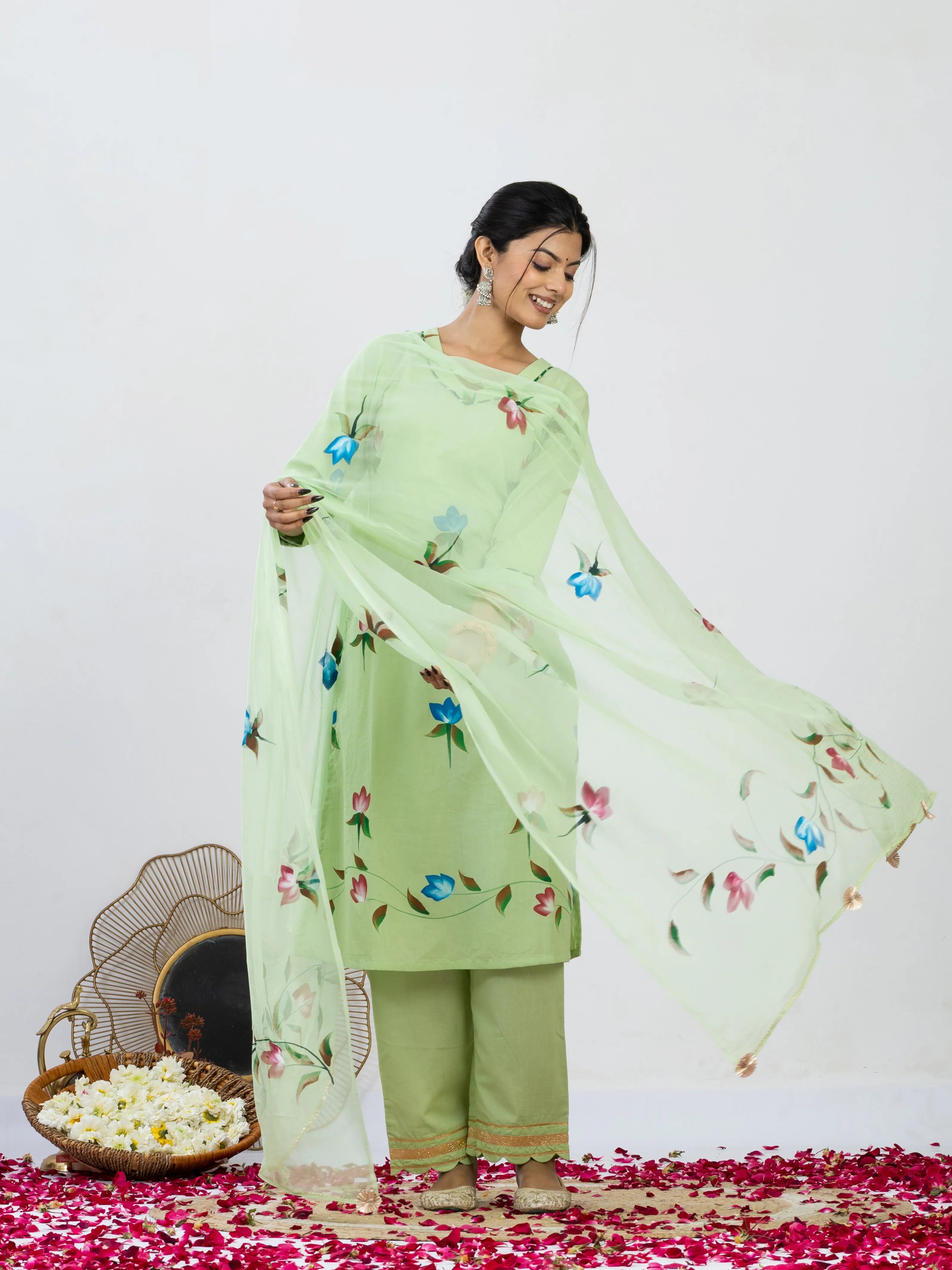 हरितांशी | Handmade Pastel Green Floral Kurta Set with Cut Work Pant & Chiffon Dupatta
