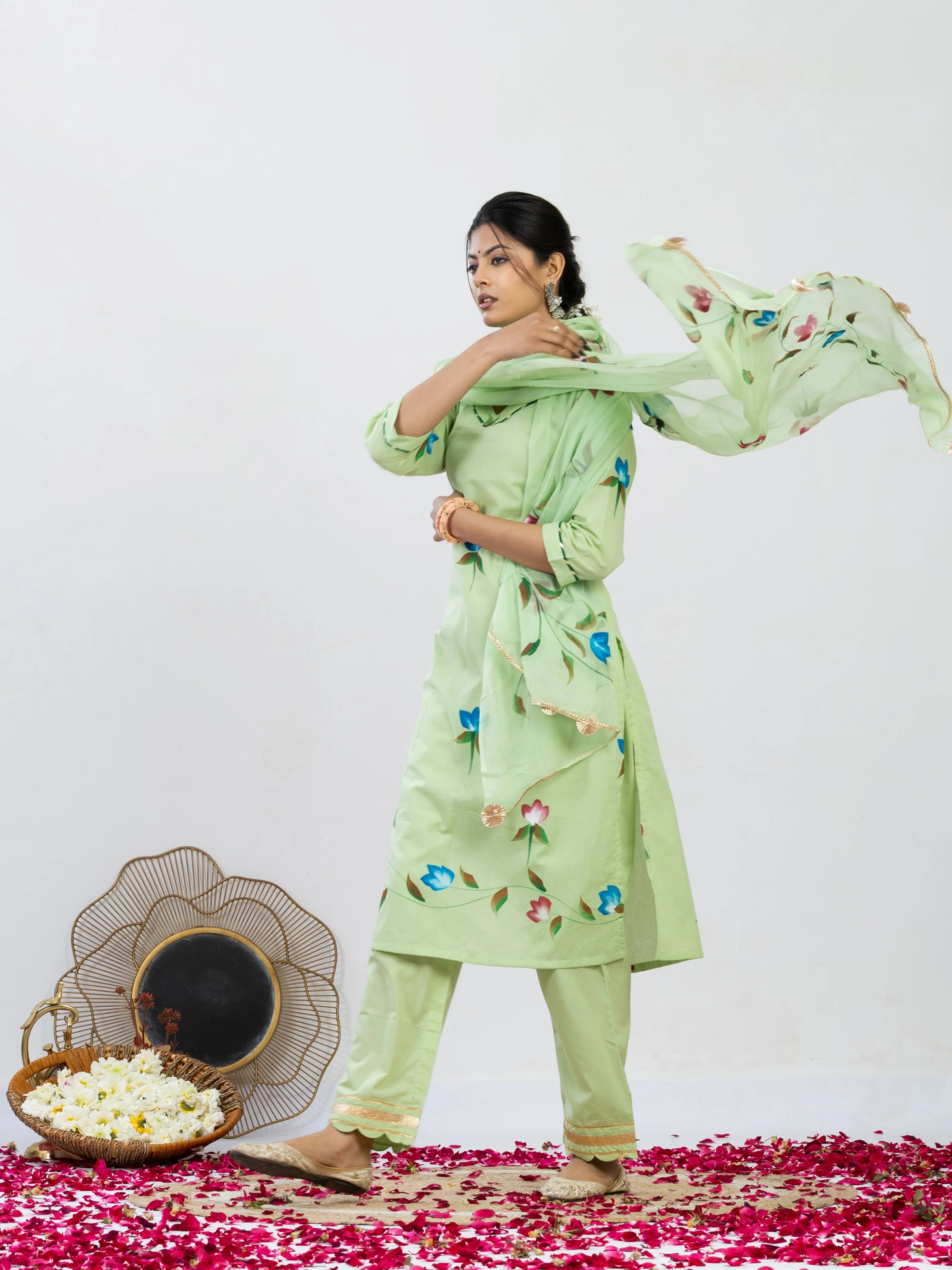 हरितांशी | Handmade Pastel Green Floral Kurta Set with Cut Work Pant & Chiffon Dupatta