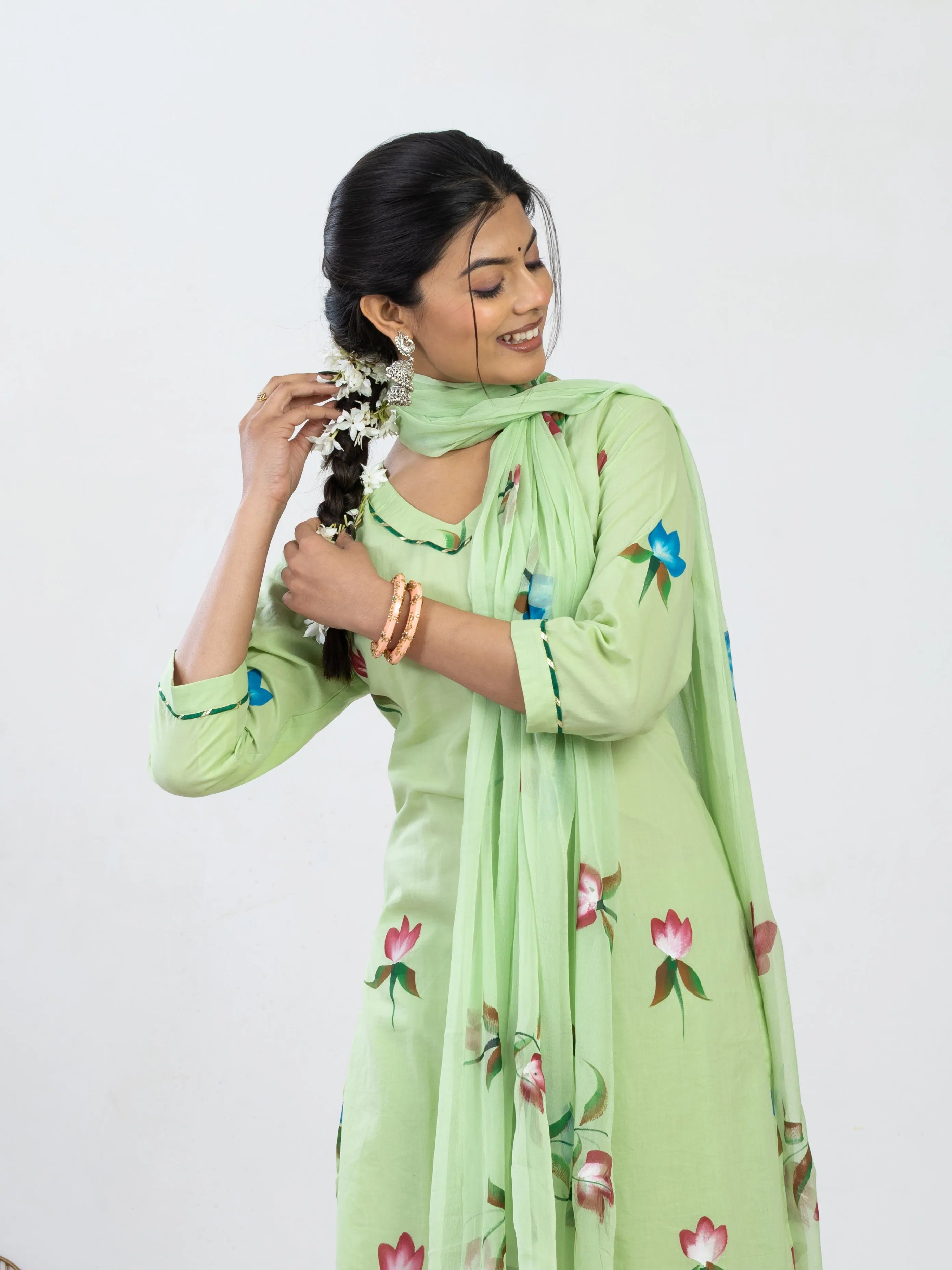 हरितांशी | Handmade Pastel Green Floral Kurta Set with Cut Work Pant & Chiffon Dupatta