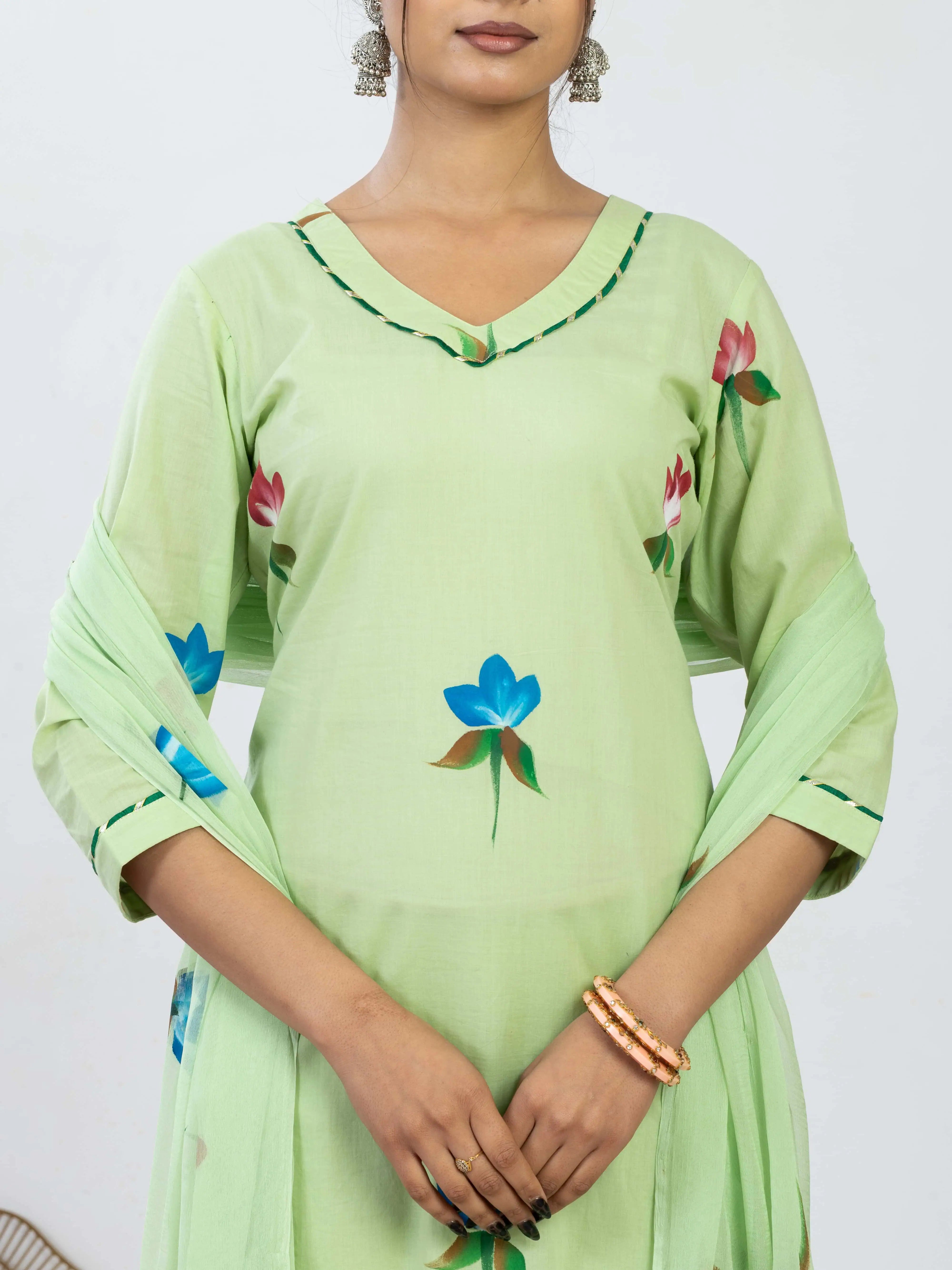 हरितांशी | Handmade Pastel Green Floral Kurta Set with Cut Work Pant & Chiffon Dupatta
