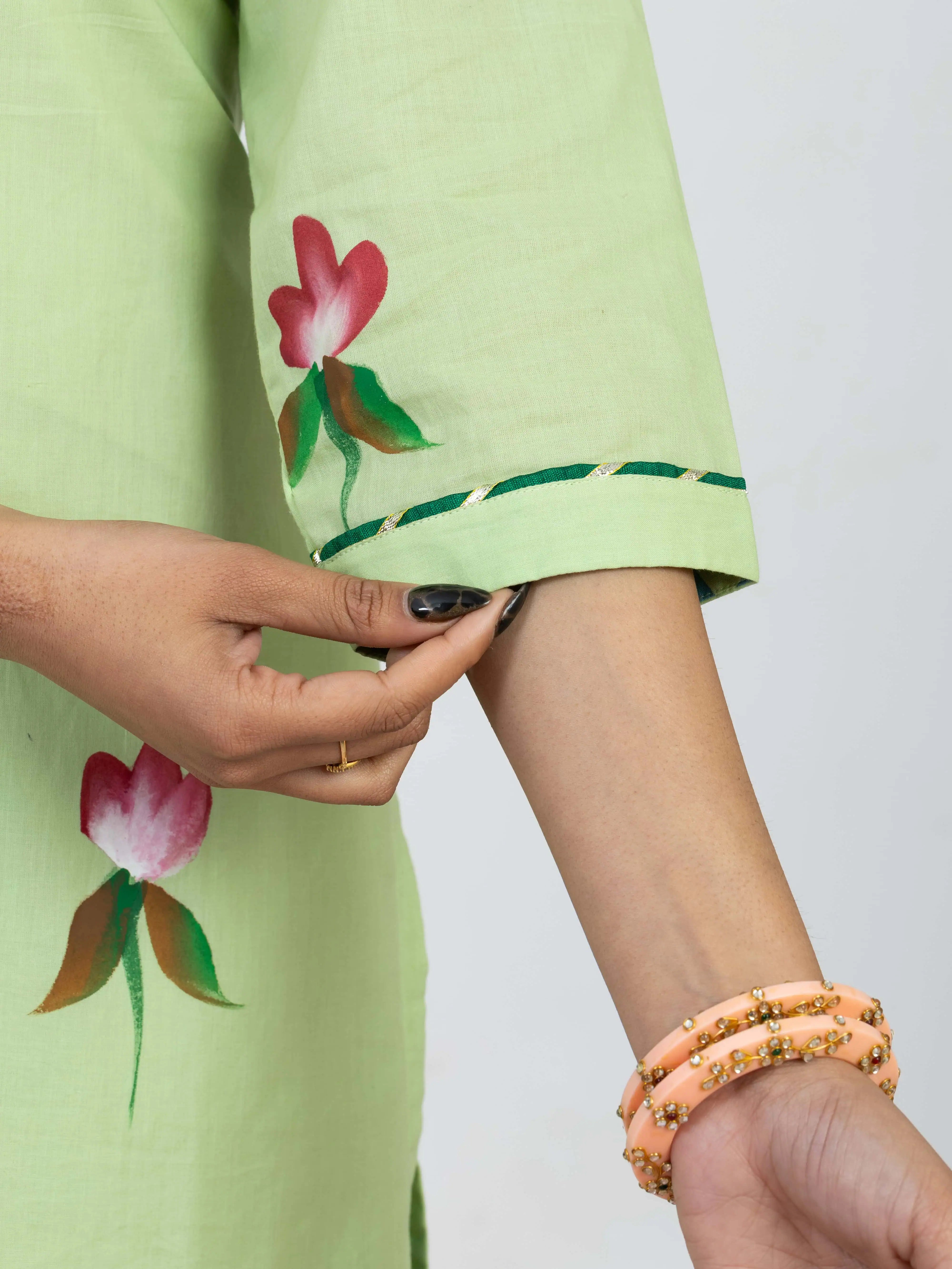 हरितांशी | Handmade Pastel Green Floral Kurta Set with Cut Work Pant & Chiffon Dupatta