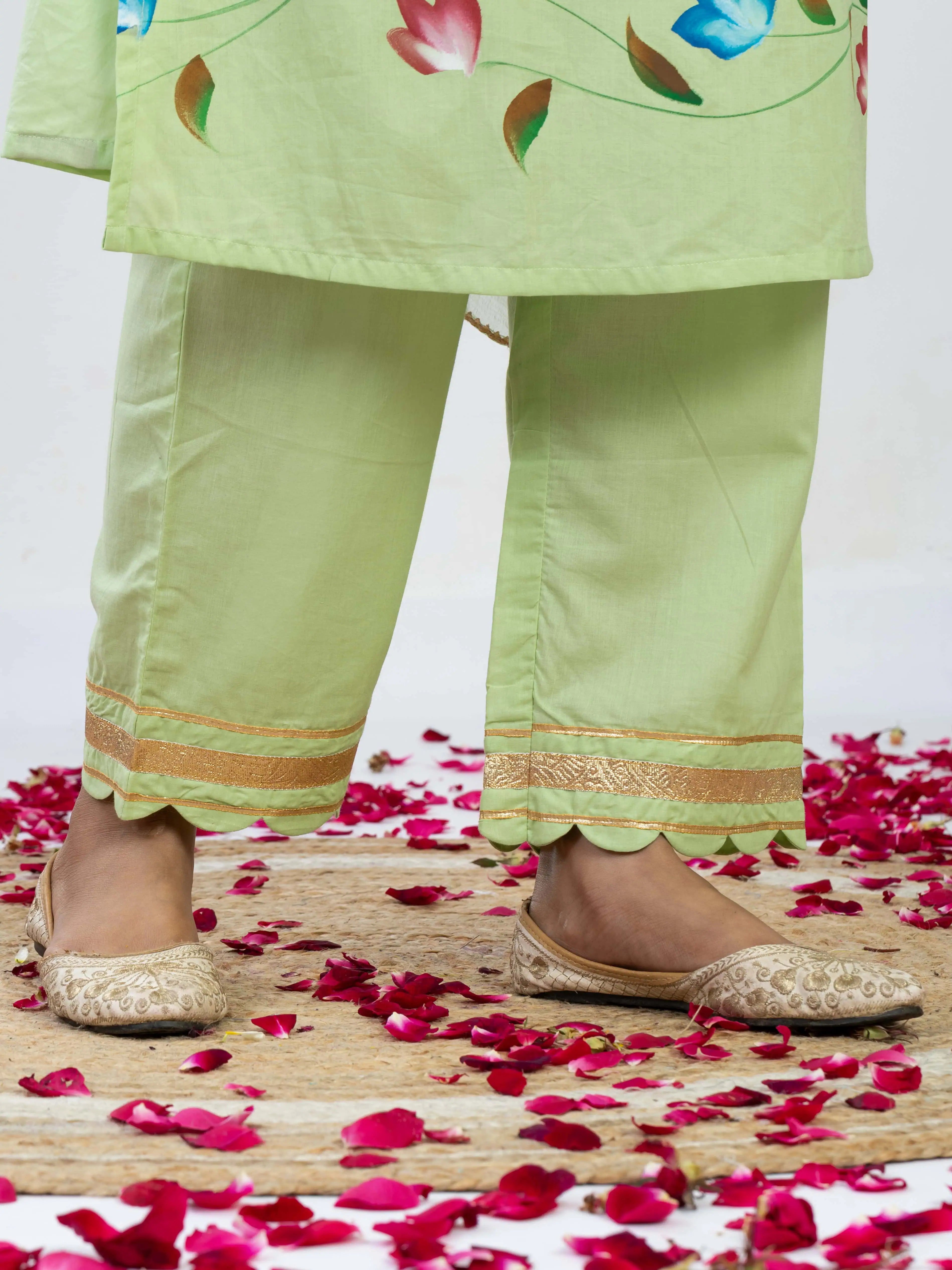 हरितांशी | Handmade Pastel Green Floral Kurta Set with Cut Work Pant & Chiffon Dupatta