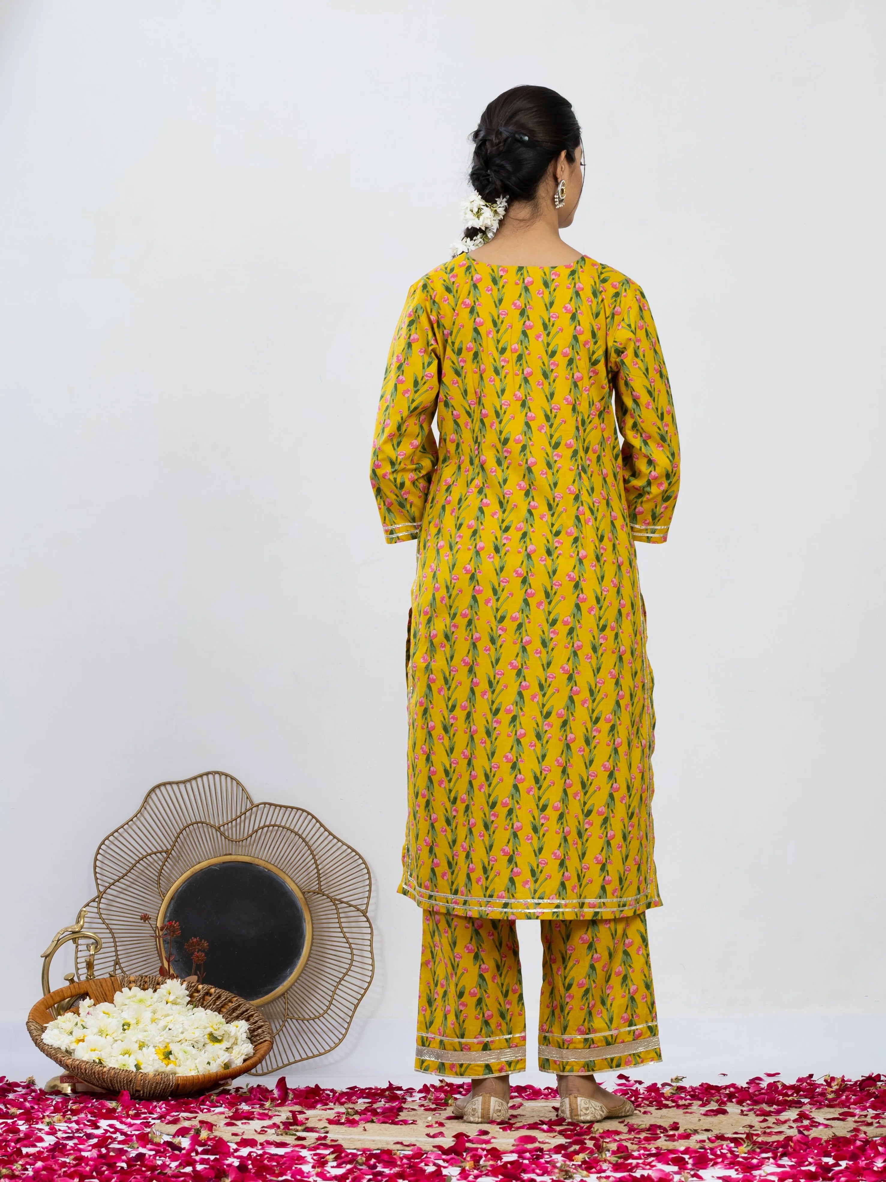रंगत रानी | Handmade Royal Mustard Yellow Floral Kurta Set with Cotton Dupatta