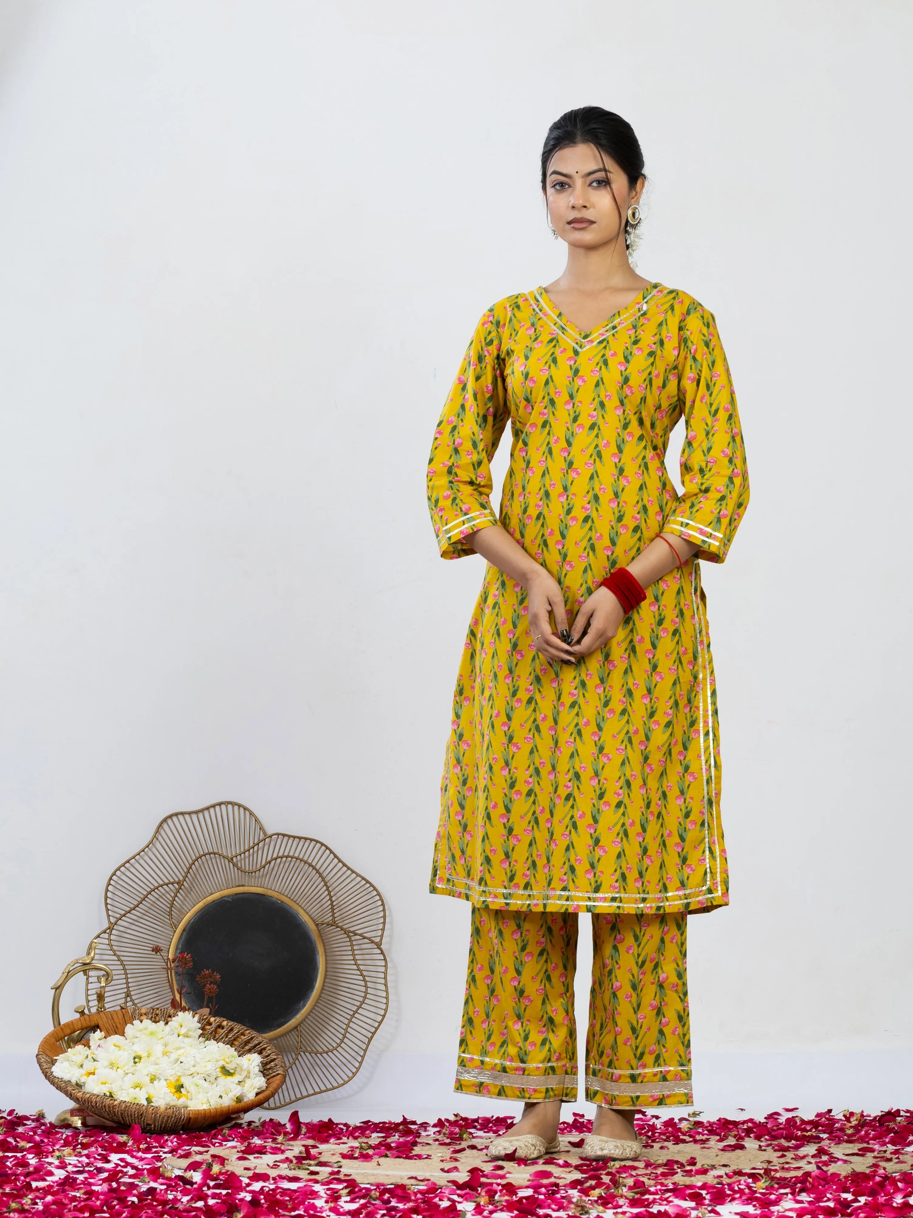 रंगत रानी | Handmade Royal Mustard Yellow Floral Kurta Set with Cotton Dupatta