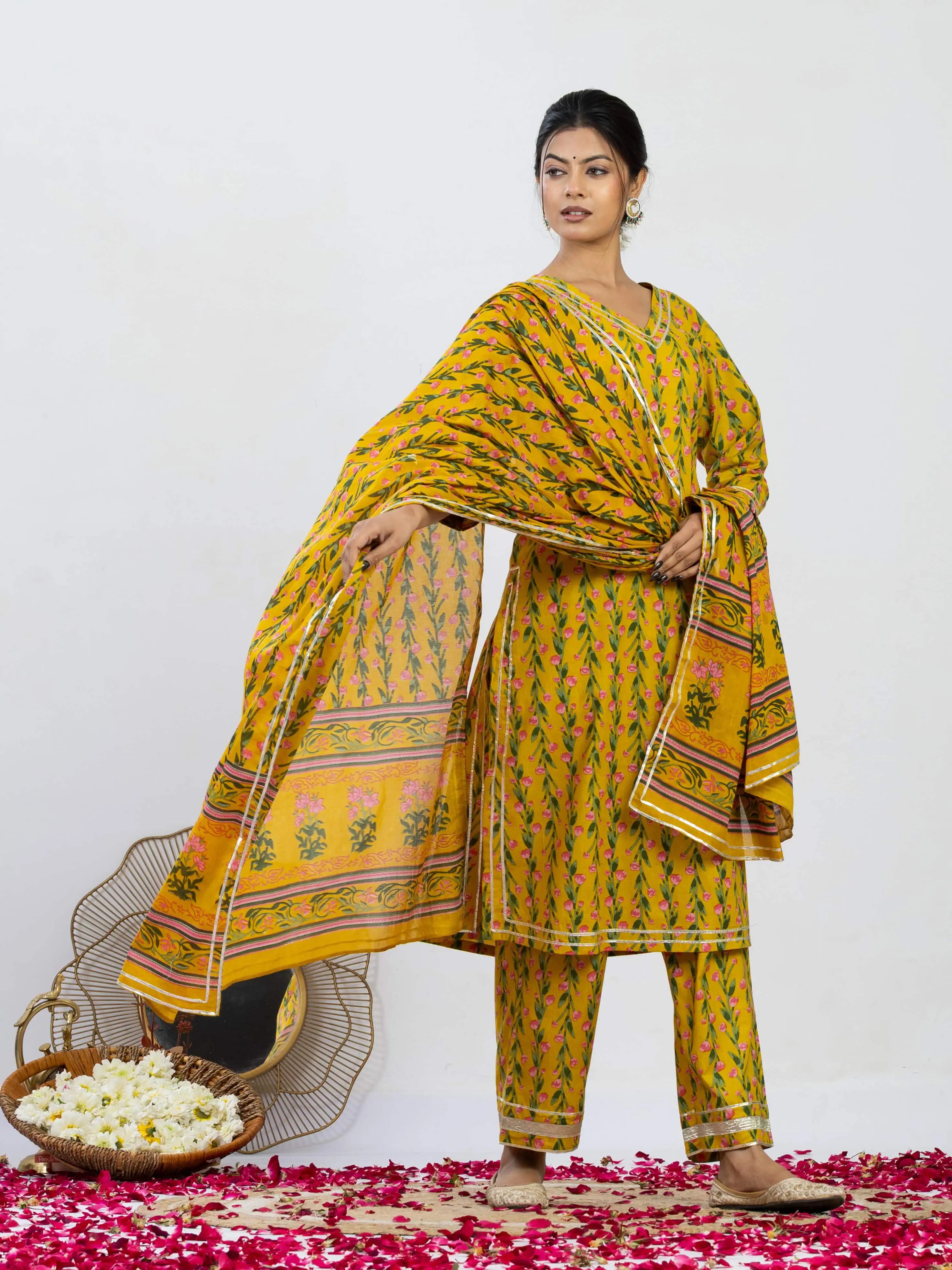 रंगत रानी | Handmade Royal Mustard Yellow Floral Kurta Set with Cotton Dupatta
