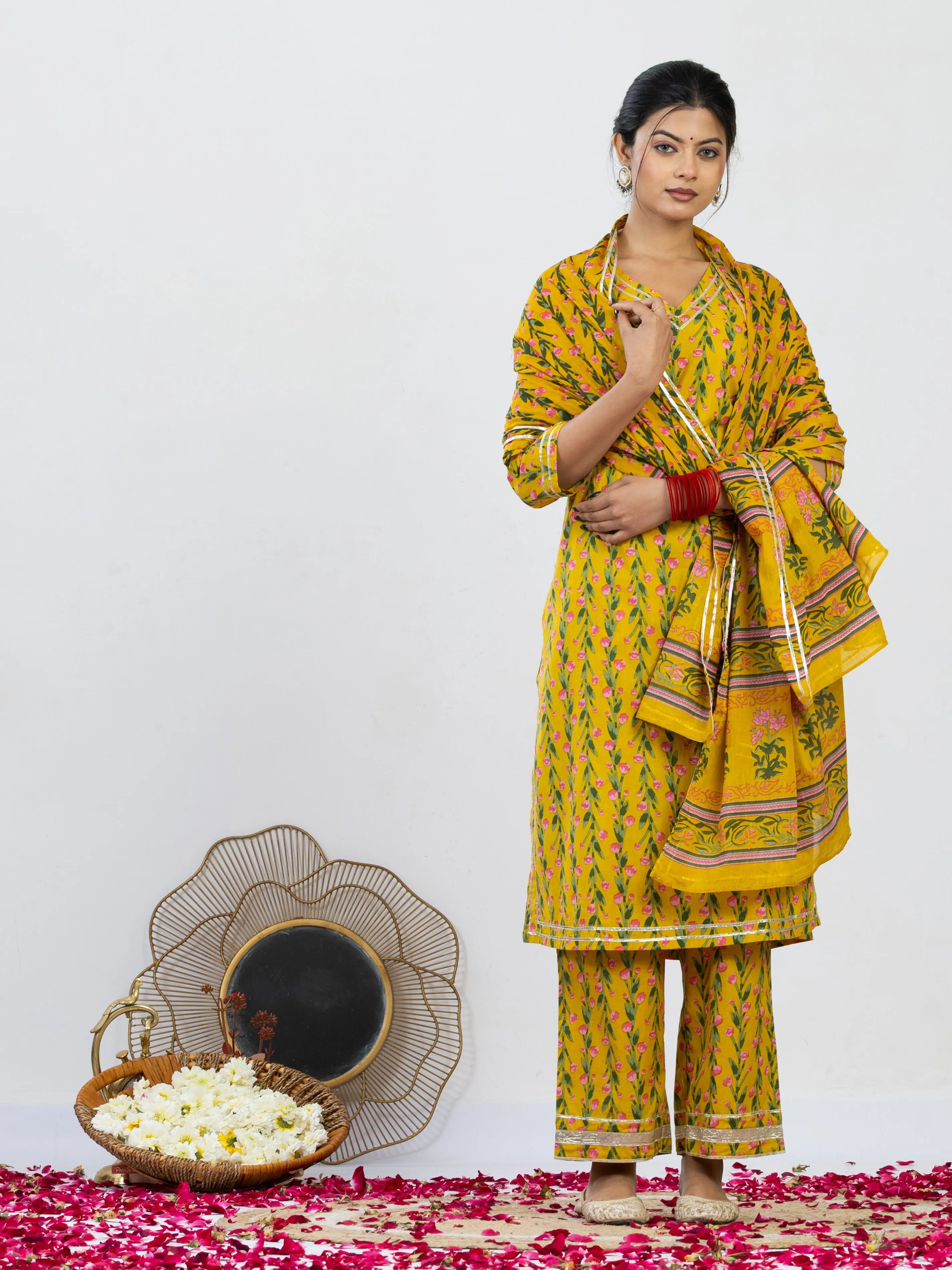 रंगत रानी | Handmade Royal Mustard Yellow Floral Kurta Set with Cotton Dupatta