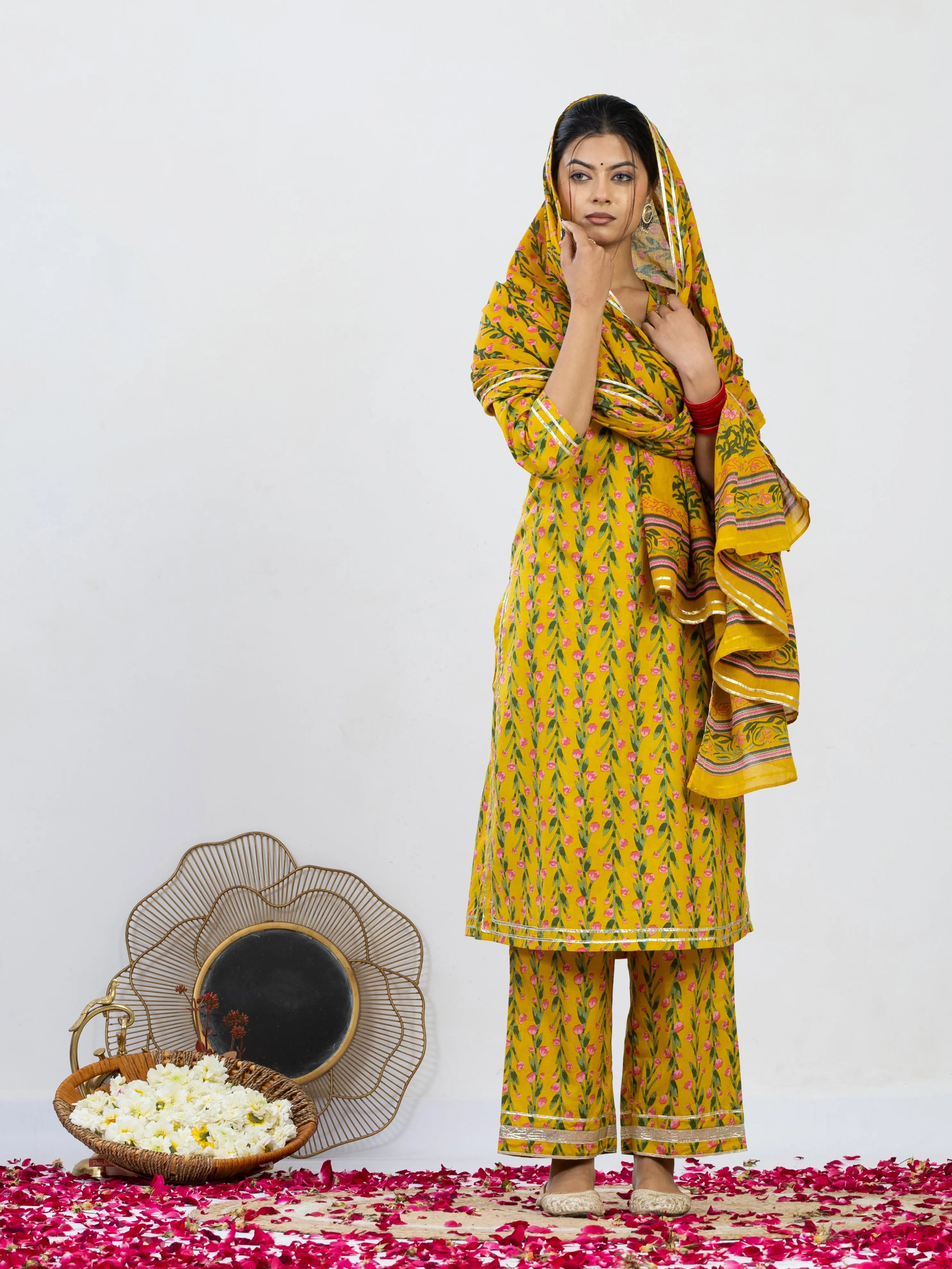 रंगत रानी | Handmade Royal Mustard Yellow Floral Kurta Set with Cotton Dupatta