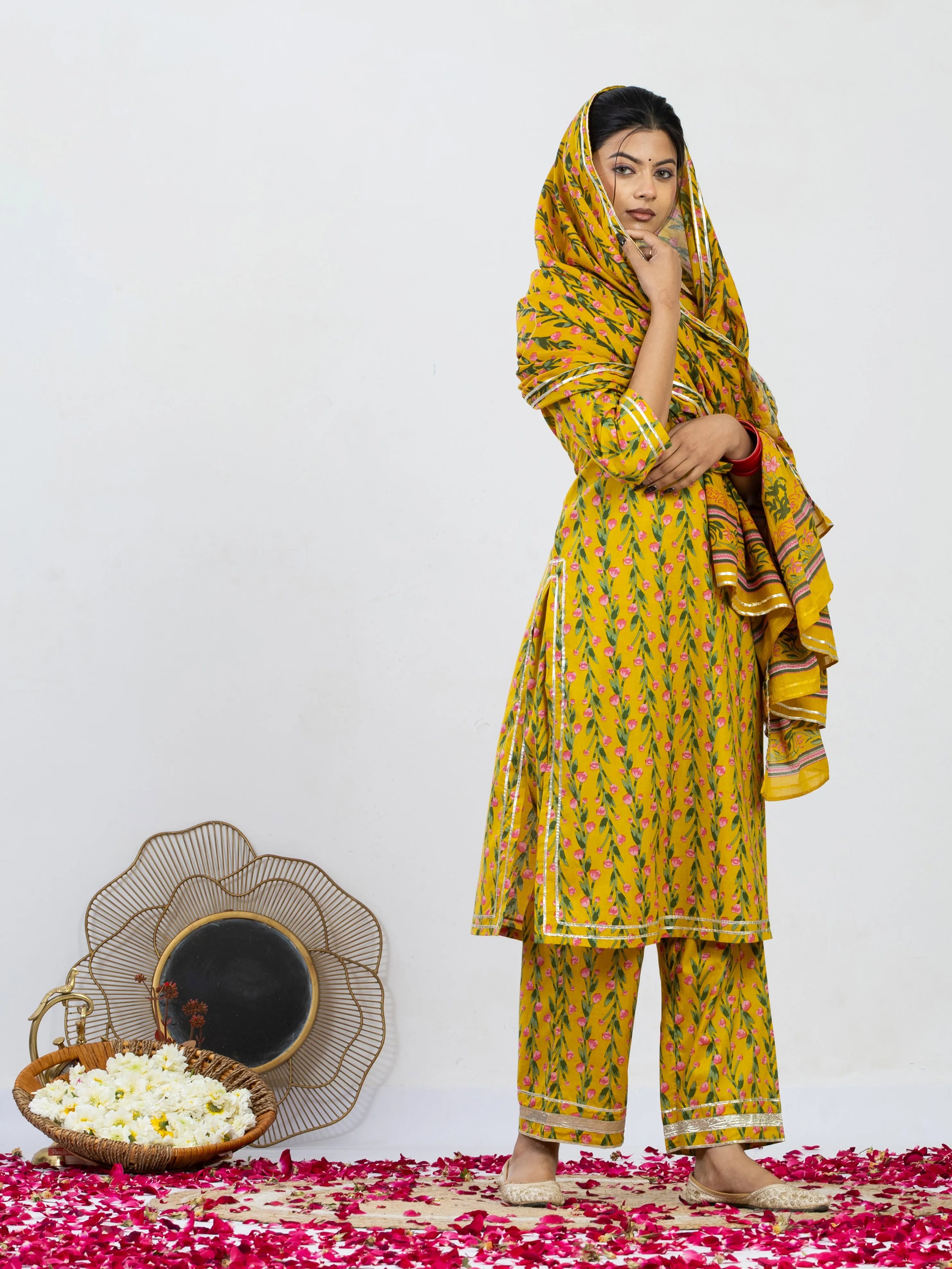 रंगत रानी | Handmade Royal Mustard Yellow Floral Kurta Set with Cotton Dupatta