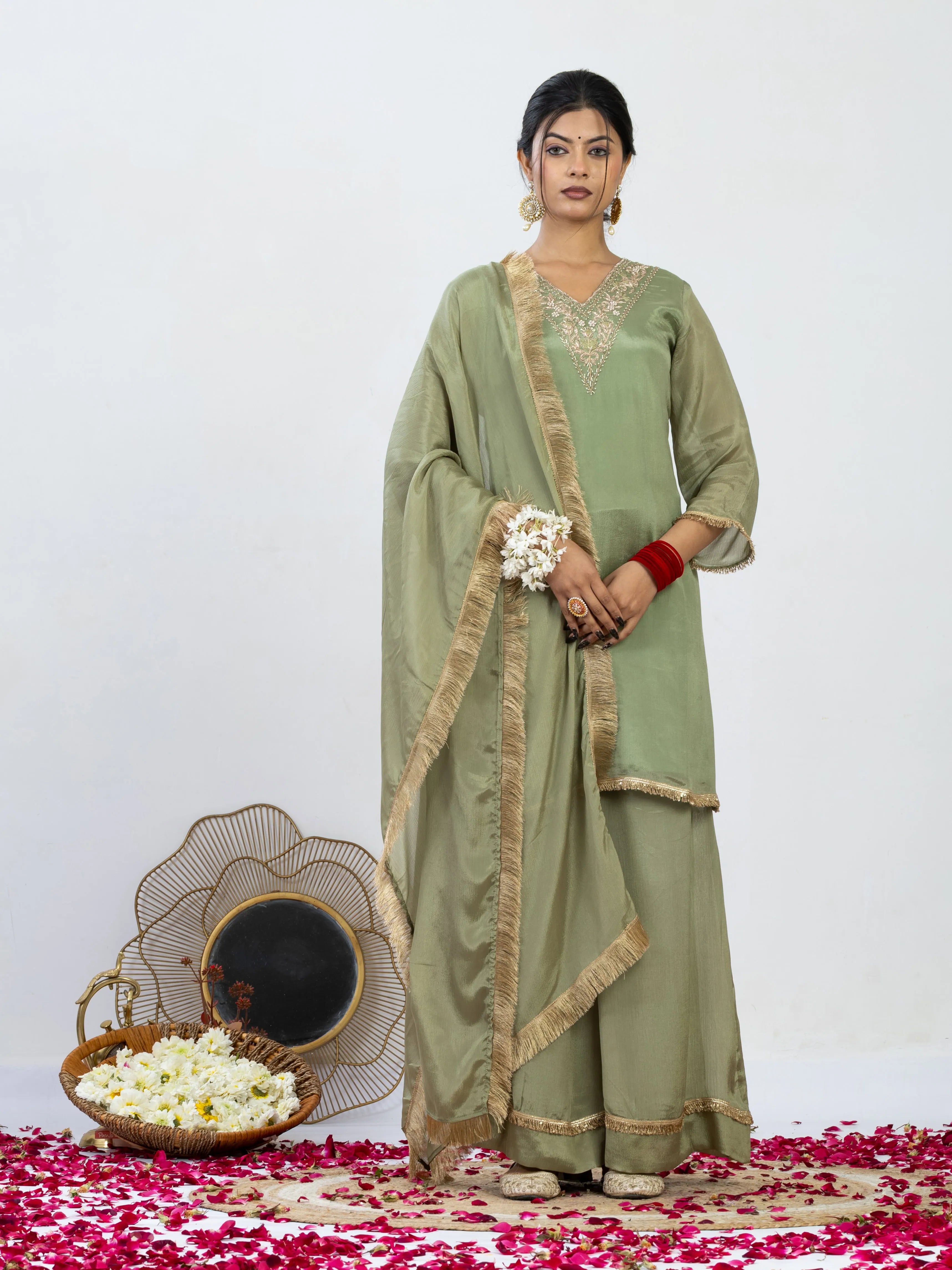 हरित नज़ाकत | Zardosi Hand Work Chiffon Kurta Palazzo Set with Dupatta