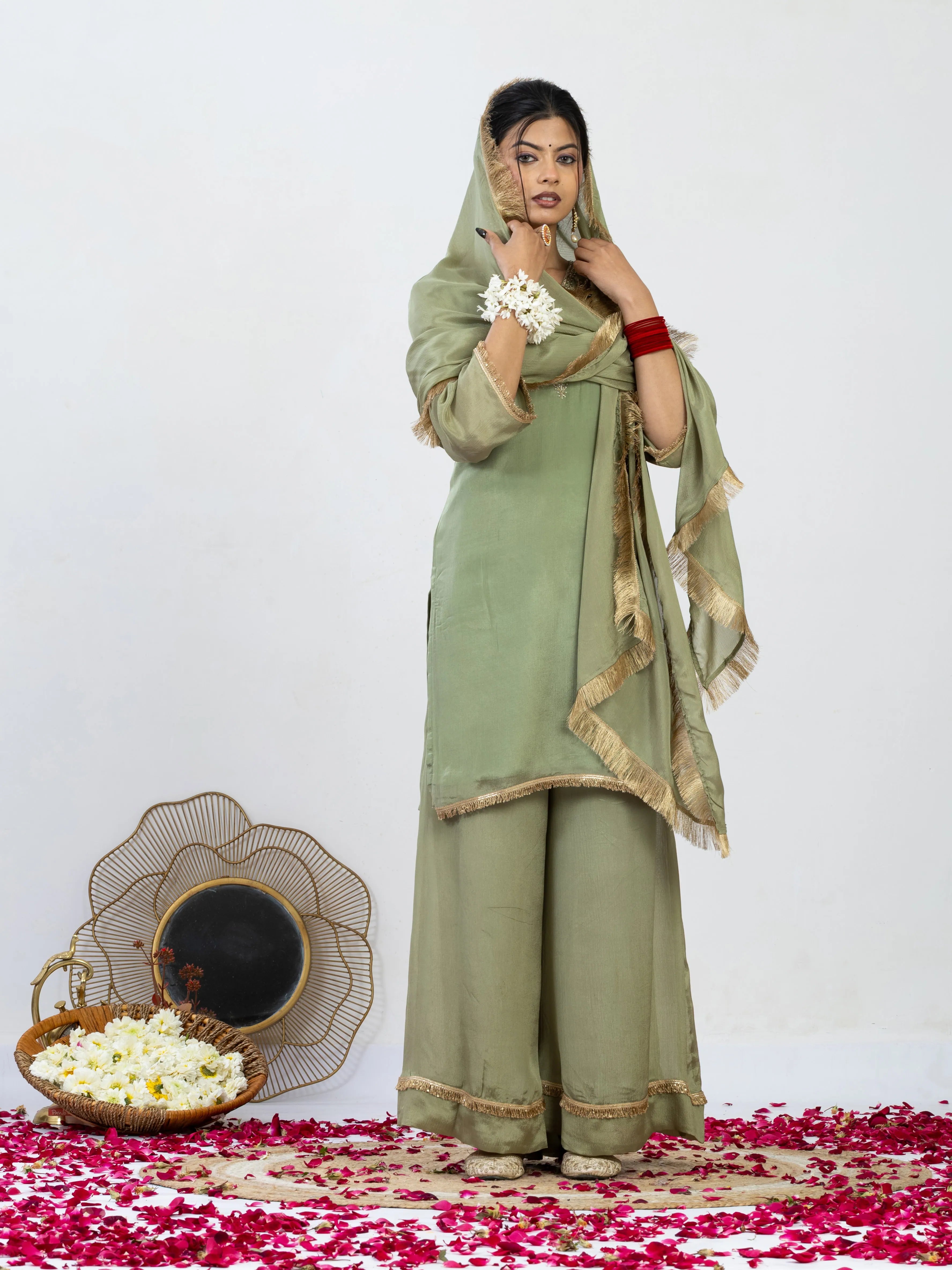 हरित नज़ाकत | Zardosi Hand Work Chiffon Kurta Palazzo Set with Dupatta
