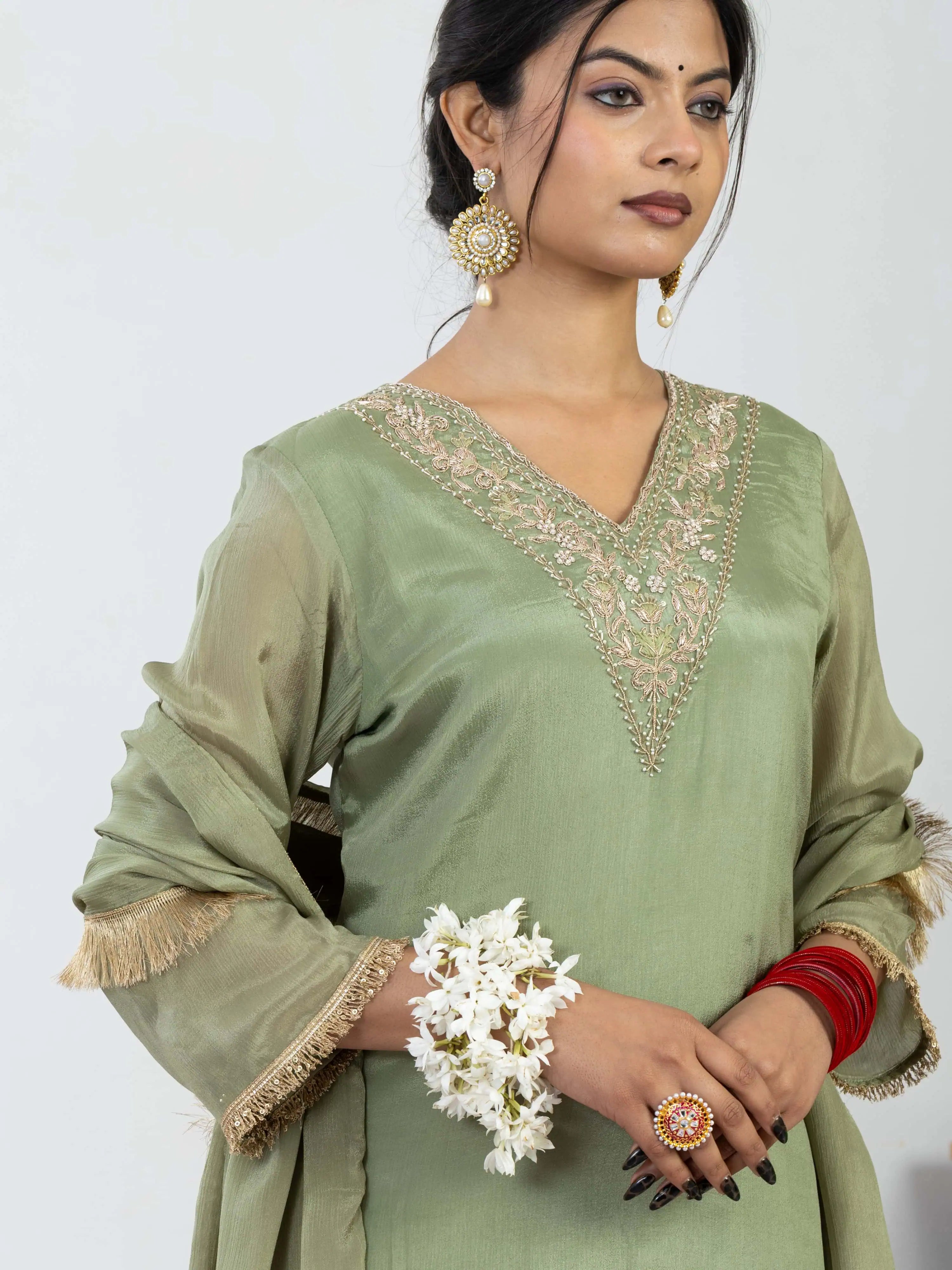 हरित नज़ाकत | Zardosi Hand Work Chiffon Kurta Palazzo Set with Dupatta