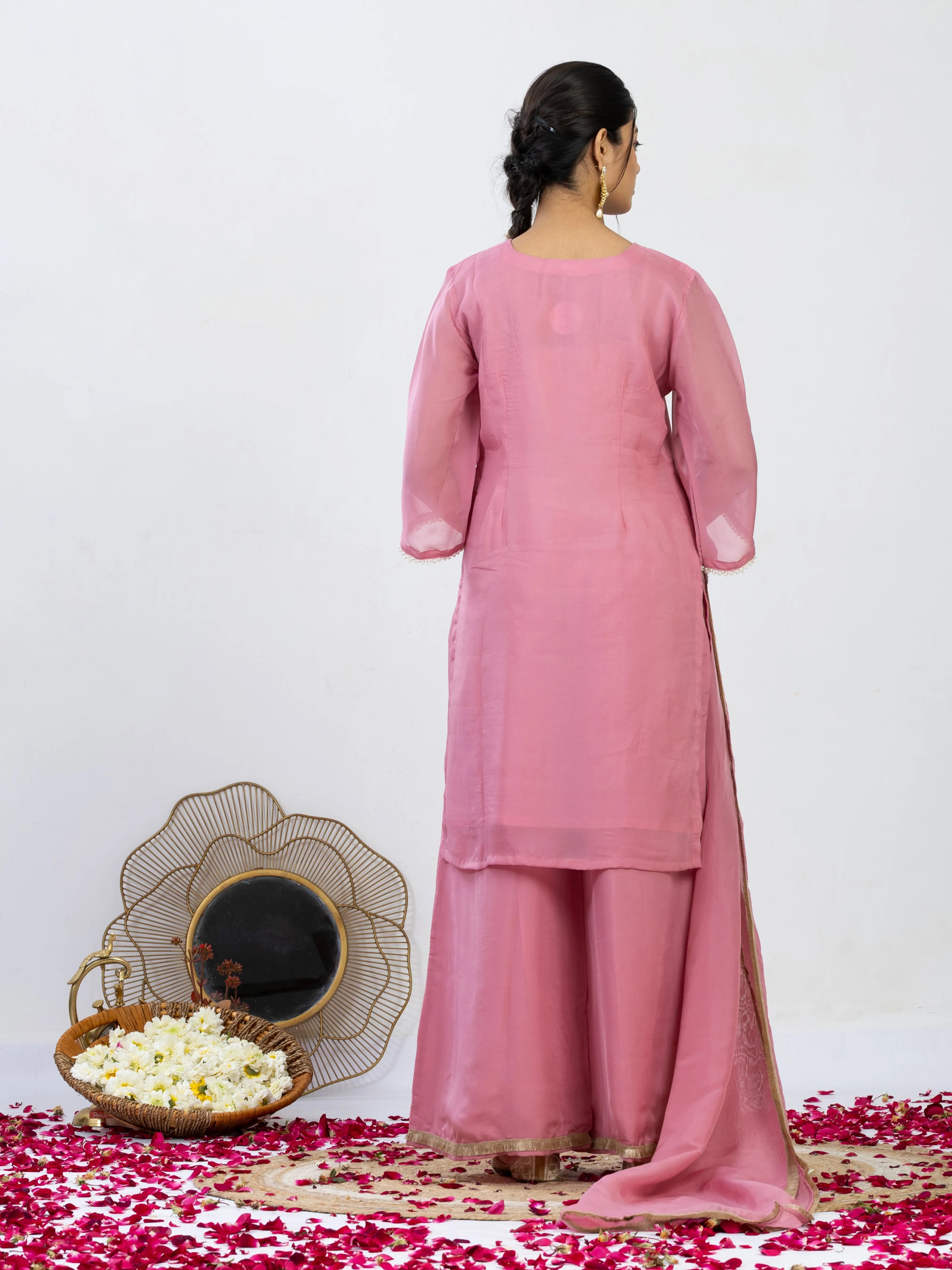 शाही गुल | Zardosi Hand Work Organza Kurta Palazzo Set with Dupatta
