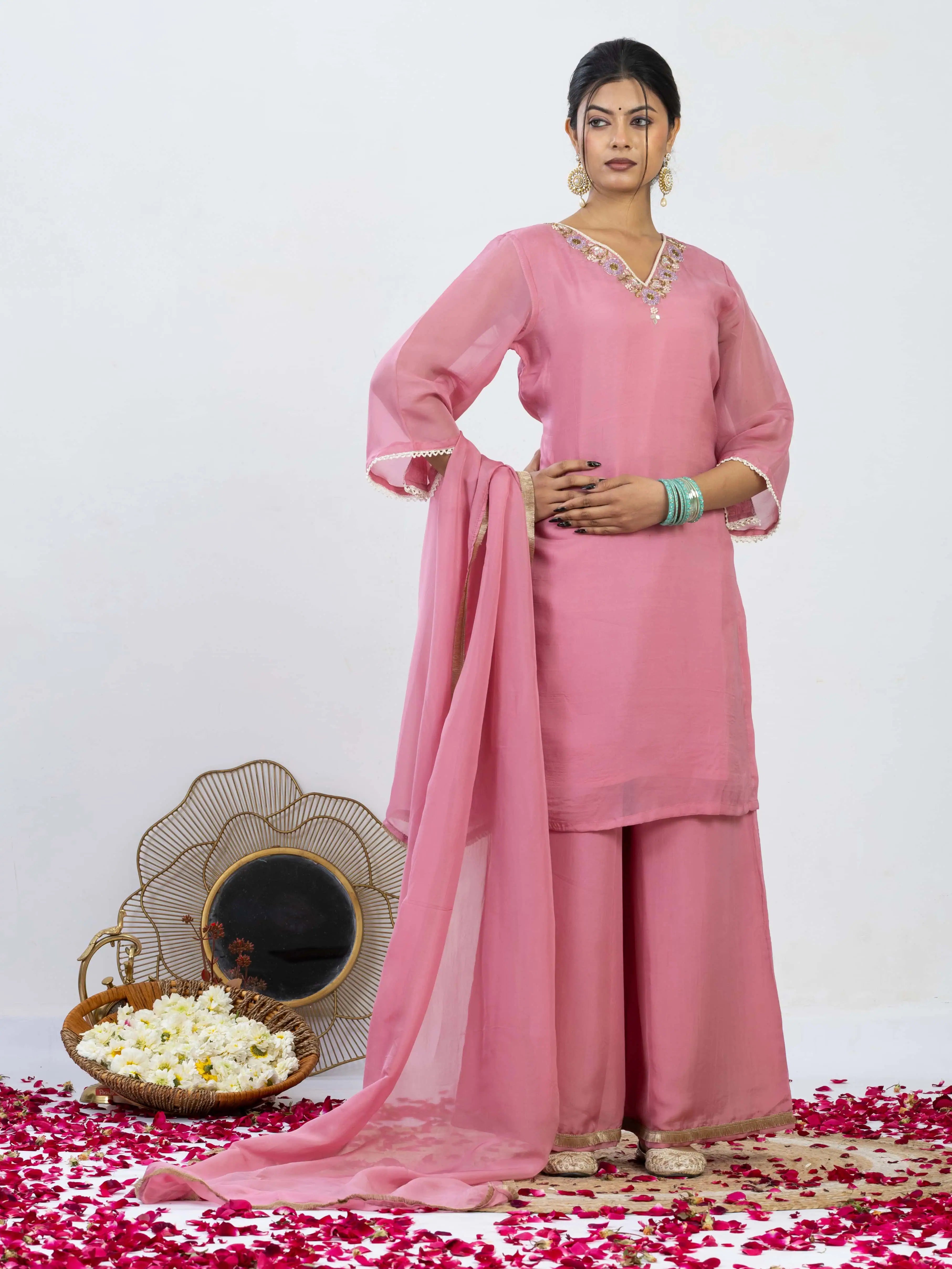 शाही गुल | Zardosi Hand Work Organza Kurta Palazzo Set with Dupatta