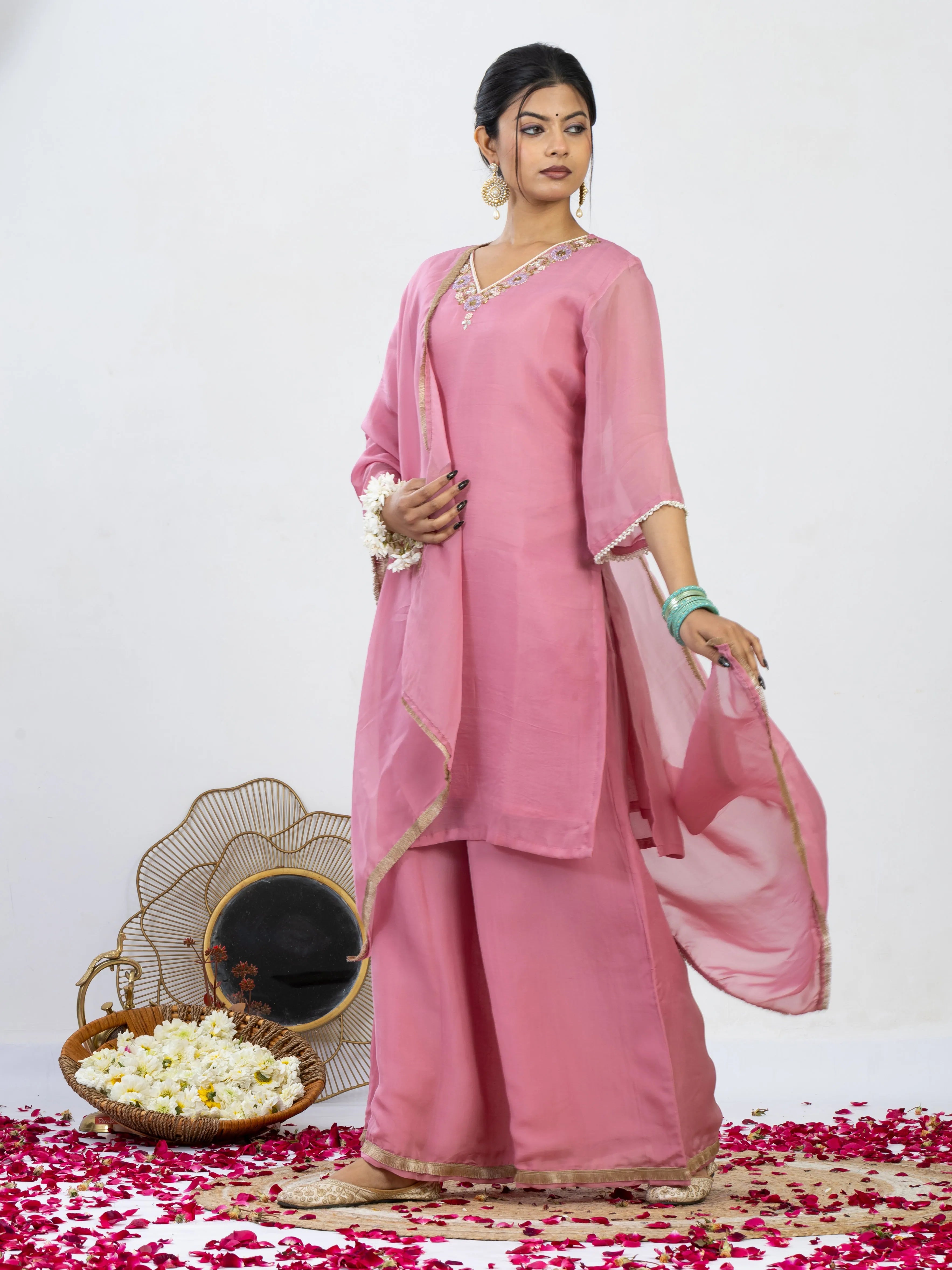 शाही गुल | Zardosi Hand Work Organza Kurta Palazzo Set with Dupatta