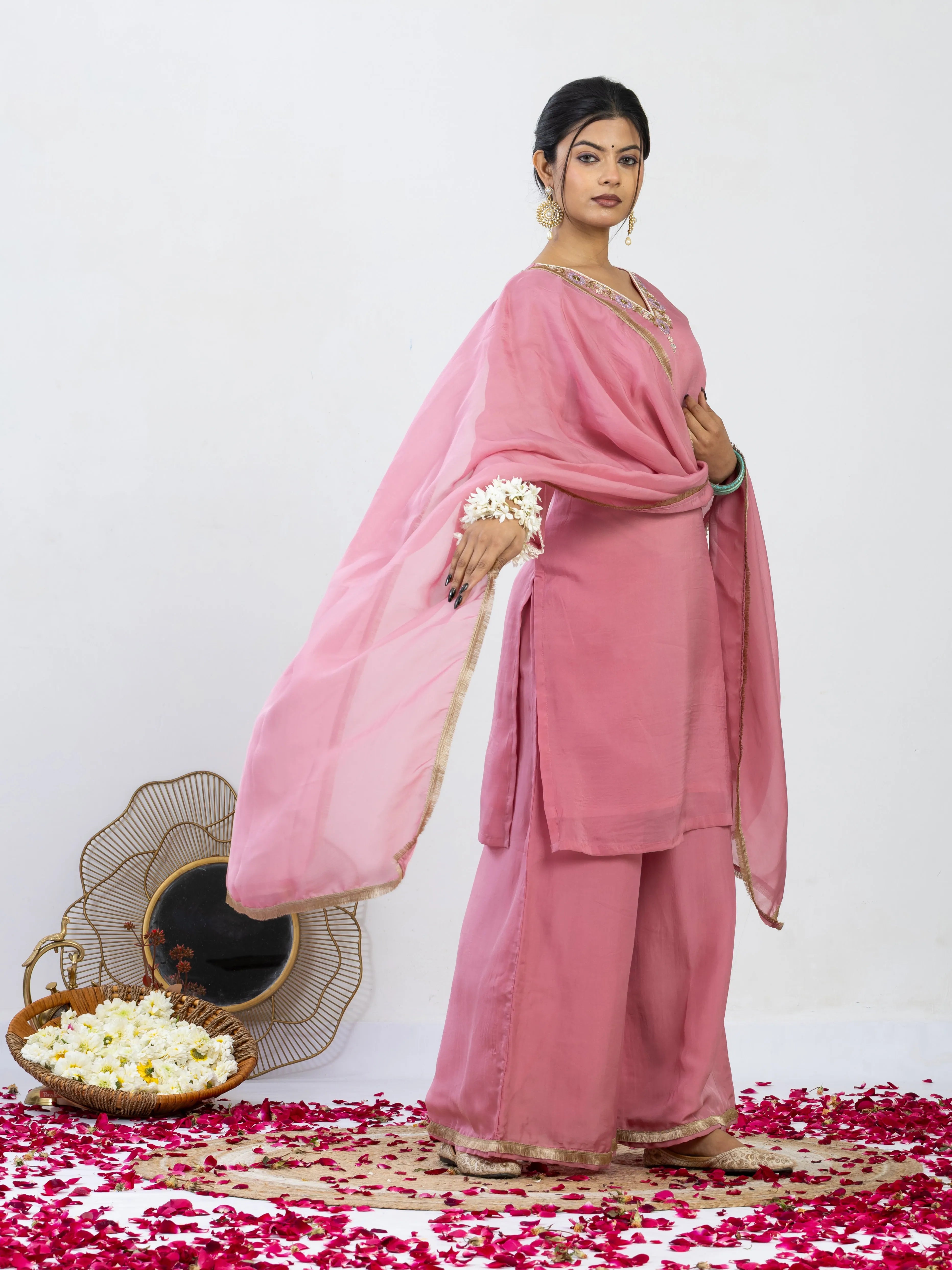 शाही गुल | Zardosi Hand Work Organza Kurta Palazzo Set with Dupatta
