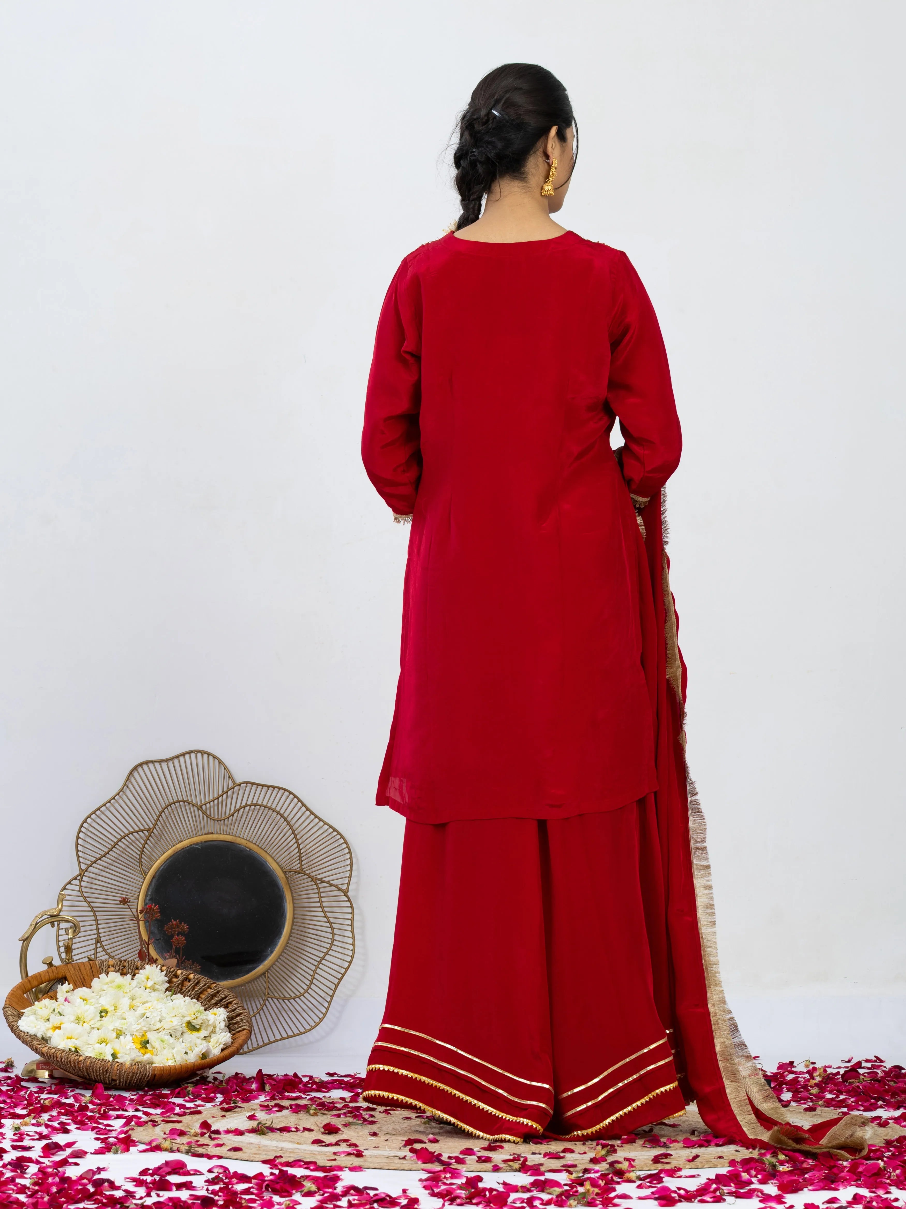 शाही सुर्ख़ | Zardosi Hand Work Crepe Kurta Palazzo Set with Gota Kinari