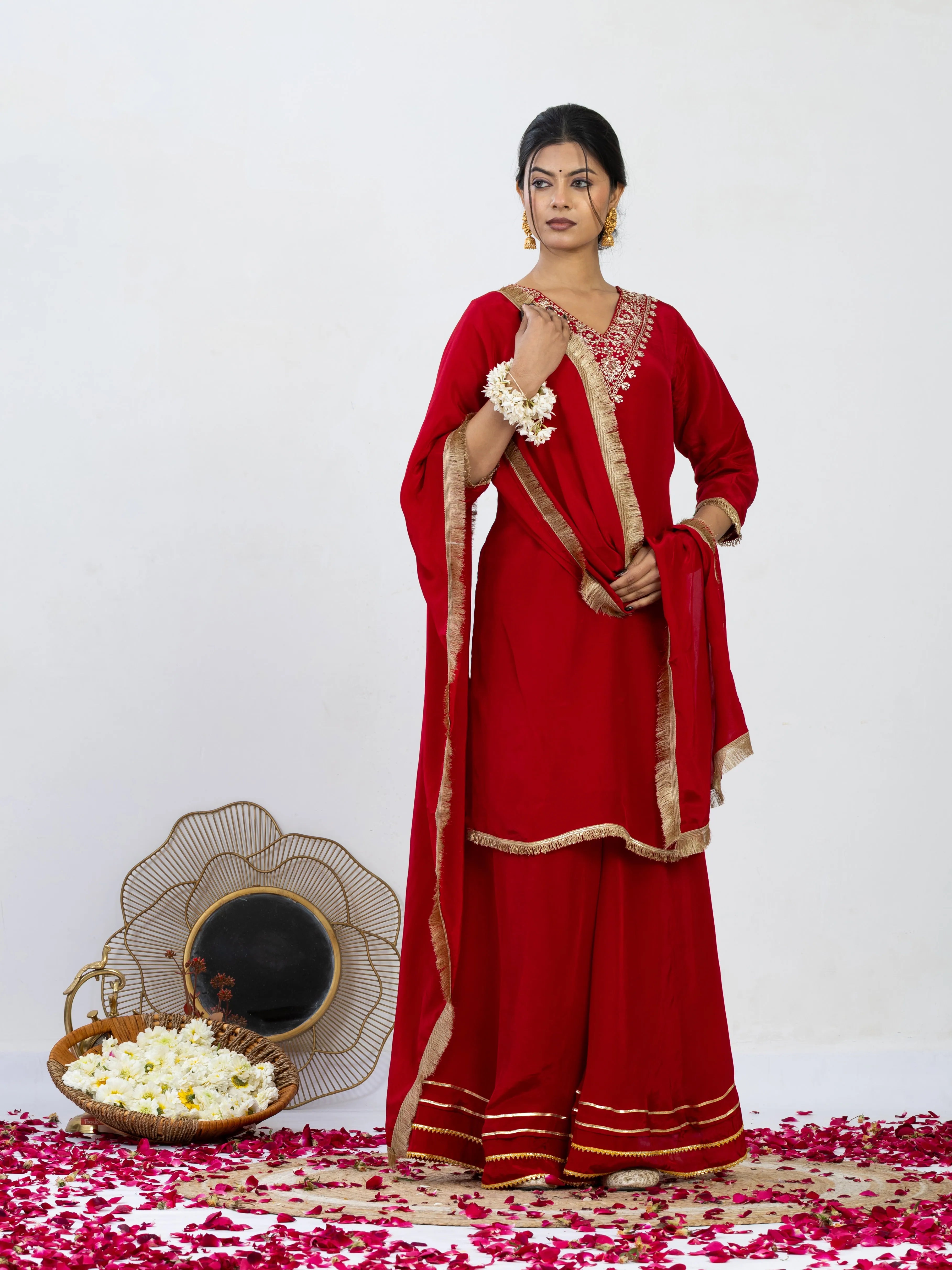 शाही सुर्ख़ | Zardosi Hand Work Crepe Kurta Palazzo Set with Gota Kinari