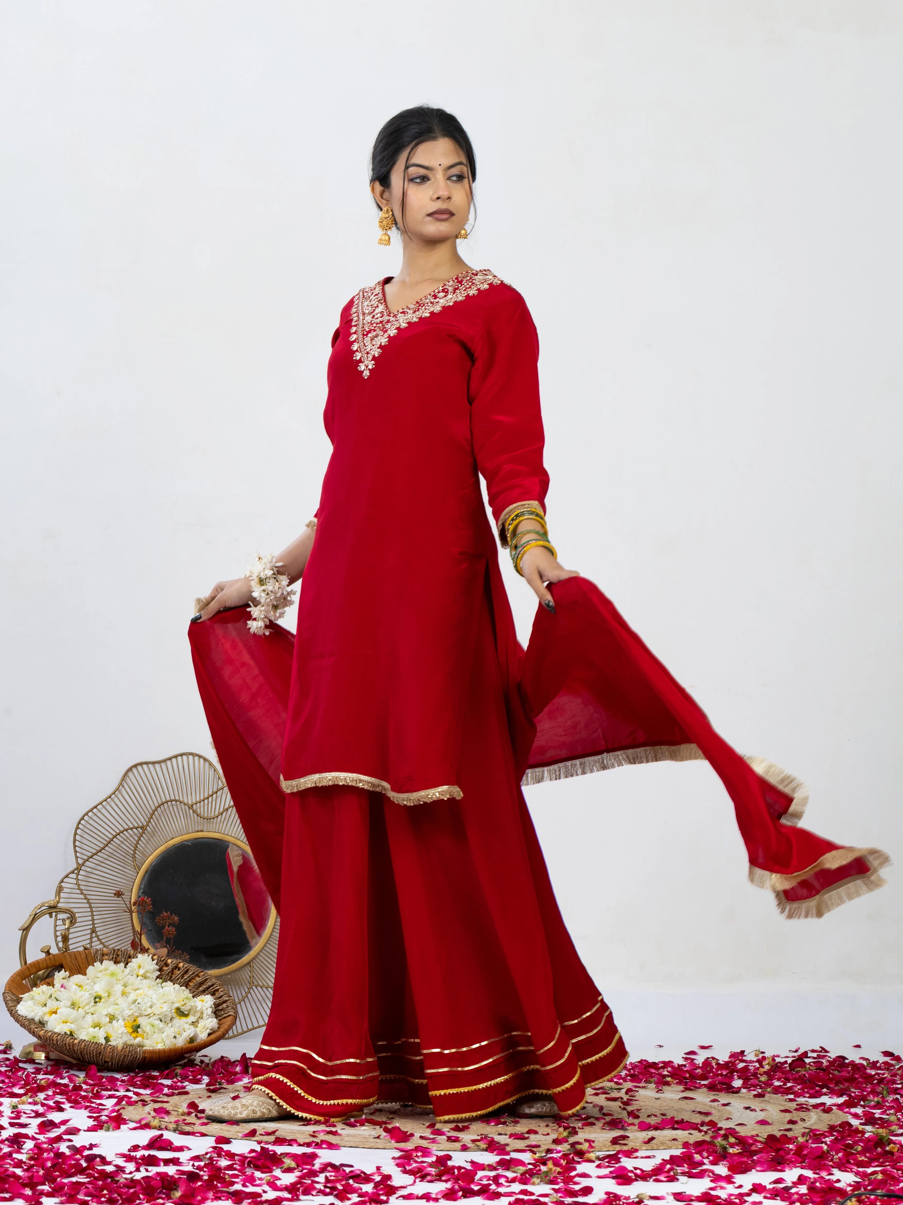 शाही सुर्ख़ | Zardosi Hand Work Crepe Kurta Palazzo Set with Gota Kinari