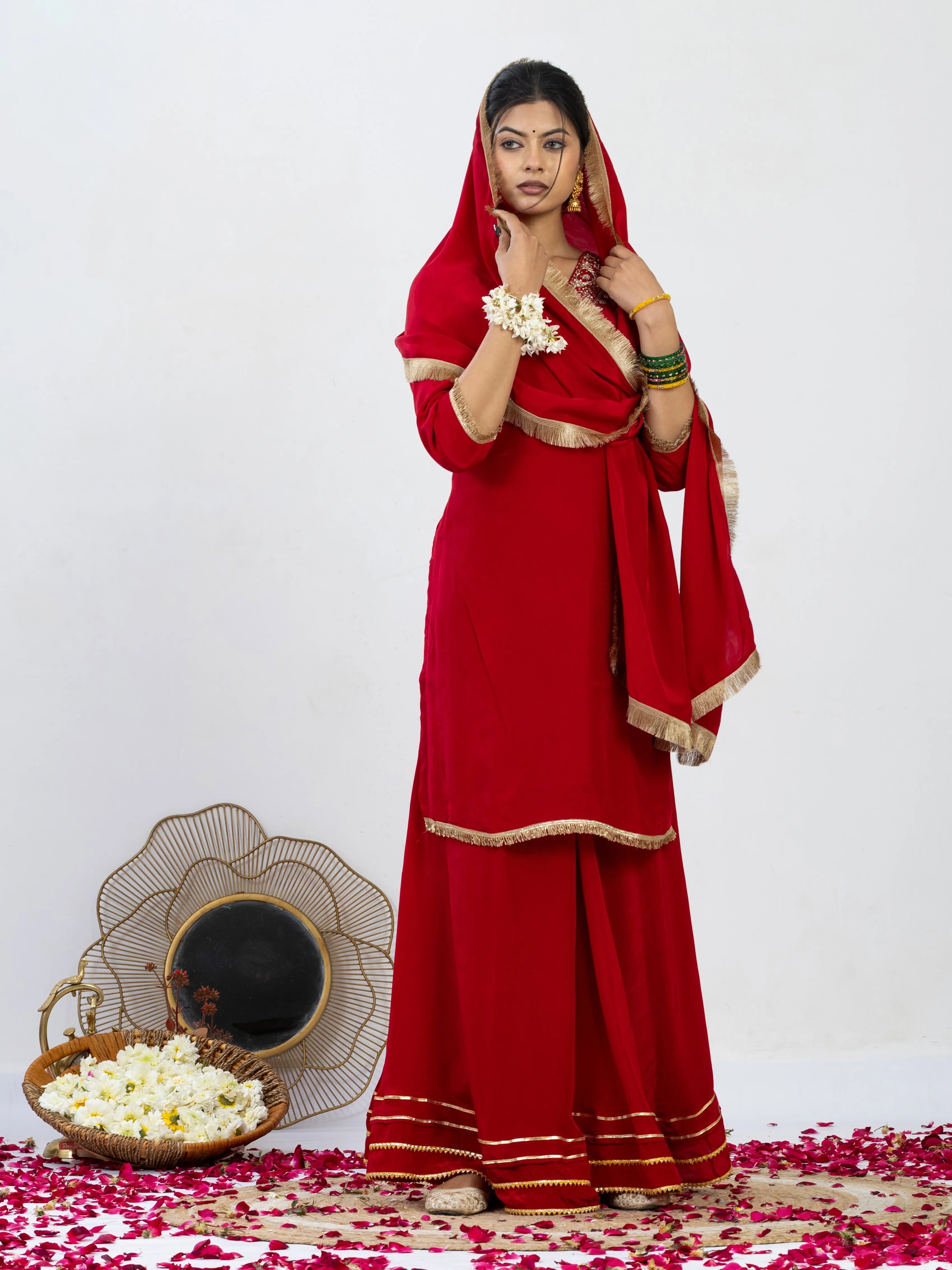 शाही सुर्ख़ | Zardosi Hand Work Crepe Kurta Palazzo Set with Gota Kinari