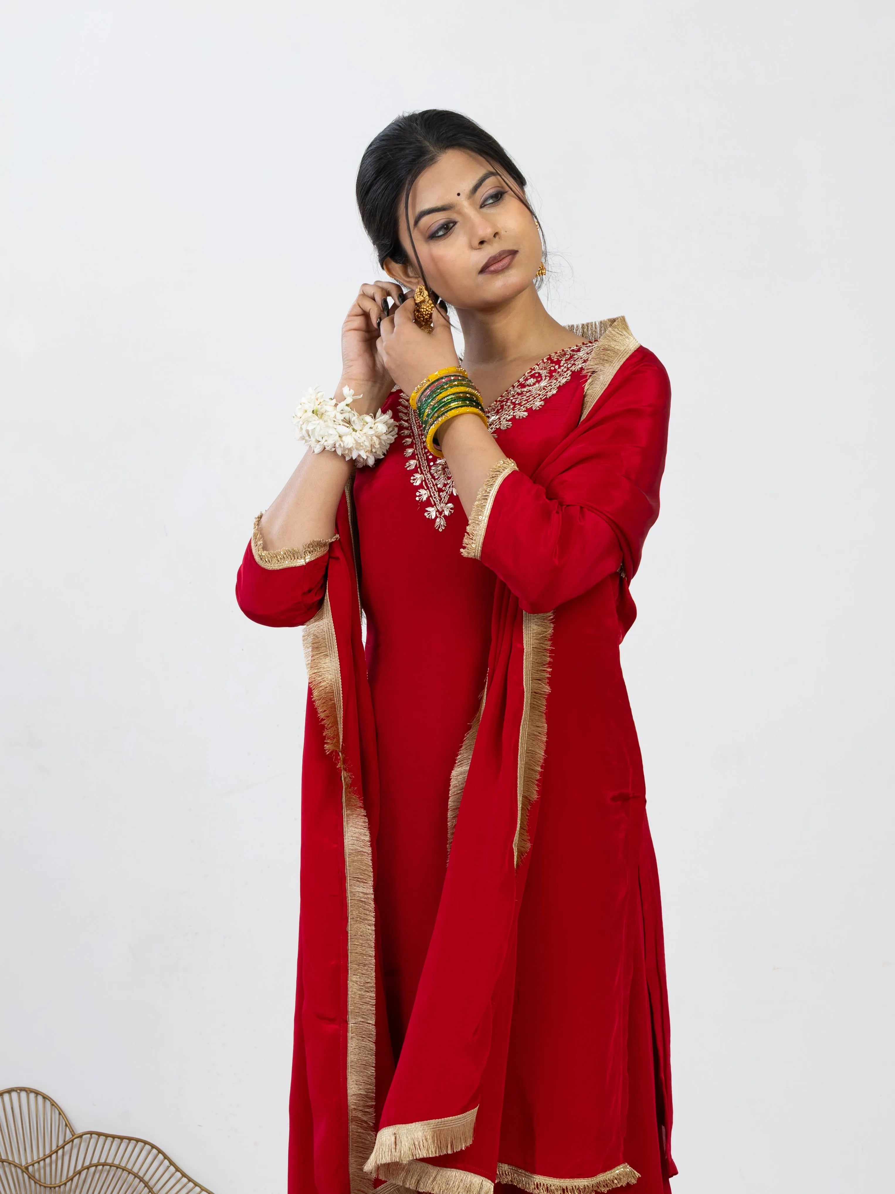 शाही सुर्ख़ | Zardosi Hand Work Crepe Kurta Palazzo Set with Gota Kinari