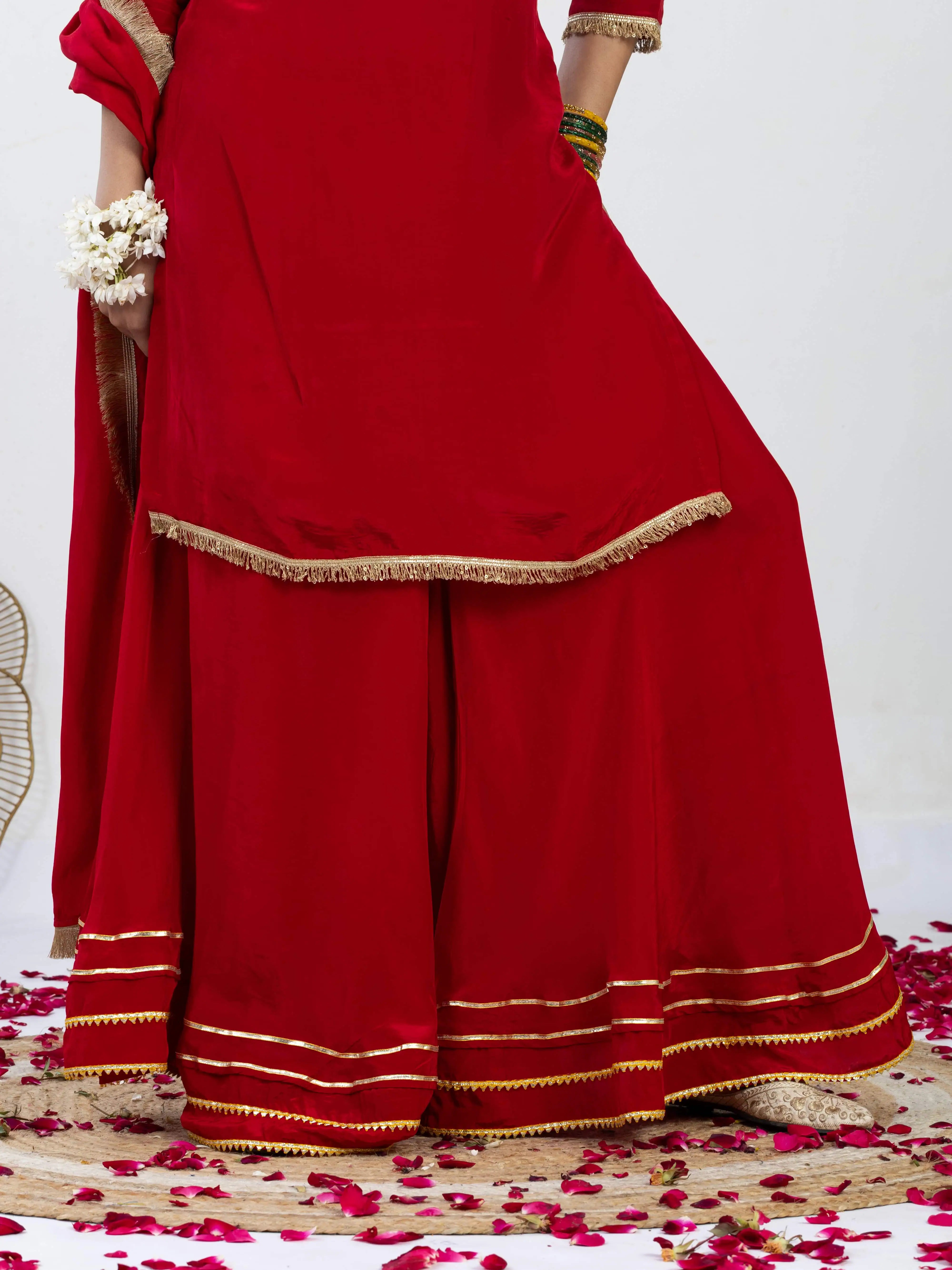 शाही सुर्ख़ | Zardosi Hand Work Crepe Kurta Palazzo Set with Gota Kinari
