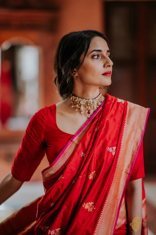 Banarasi Silk Saree - Red with Golden Zari