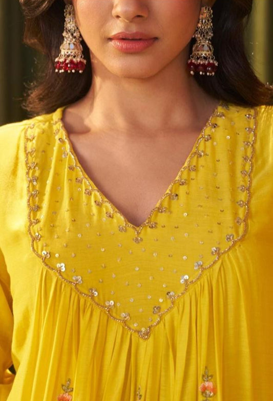Soft Yellow A-Line Organza Kurta Set