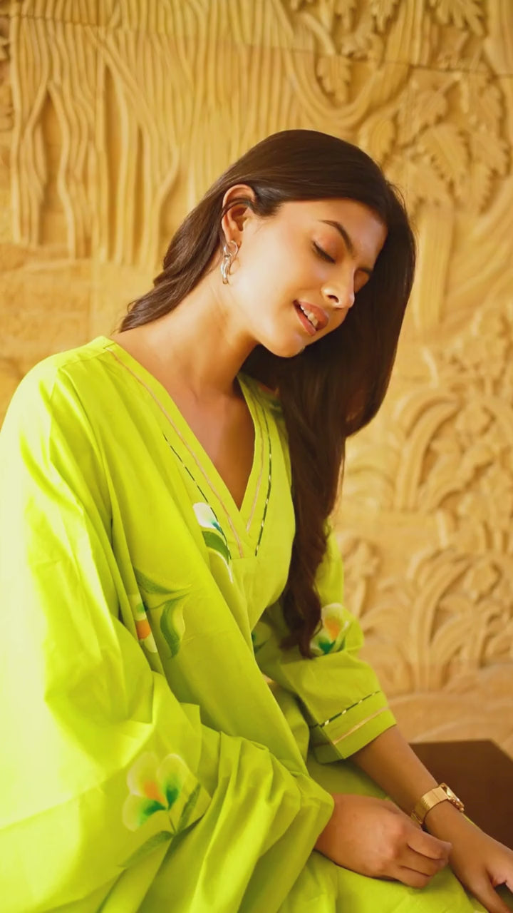 नूर-ए-बहार | Pure Cotton Hand Brush Print A-Line Suit Set with Charkhi Gota Kinari