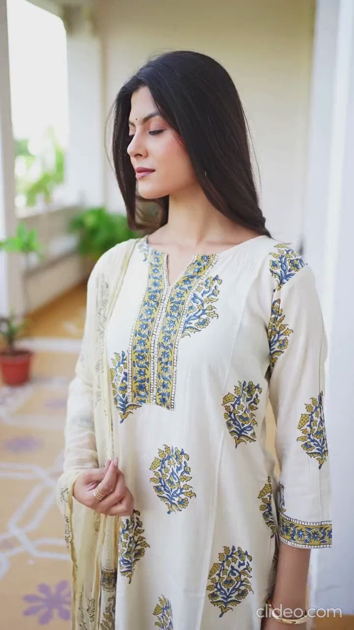 काव्या | Pure Cotton Hand Block Print Suit Set with Kota Doriya Dupatta