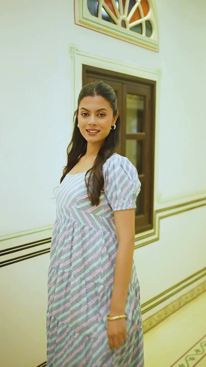 कुसुम | Green Vertical Stripe Vacation Cotton Midi Dress
