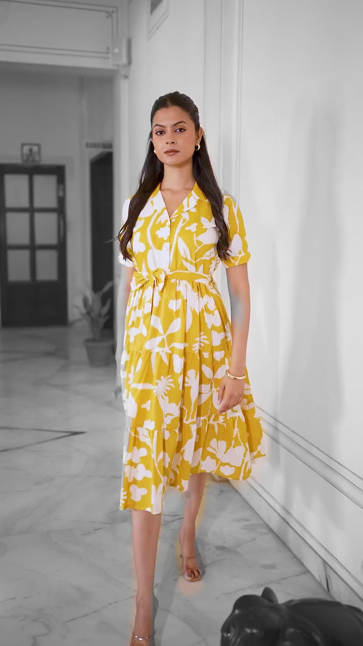 रंगमस्ती | Mustard Yellow Floral Flared Dress