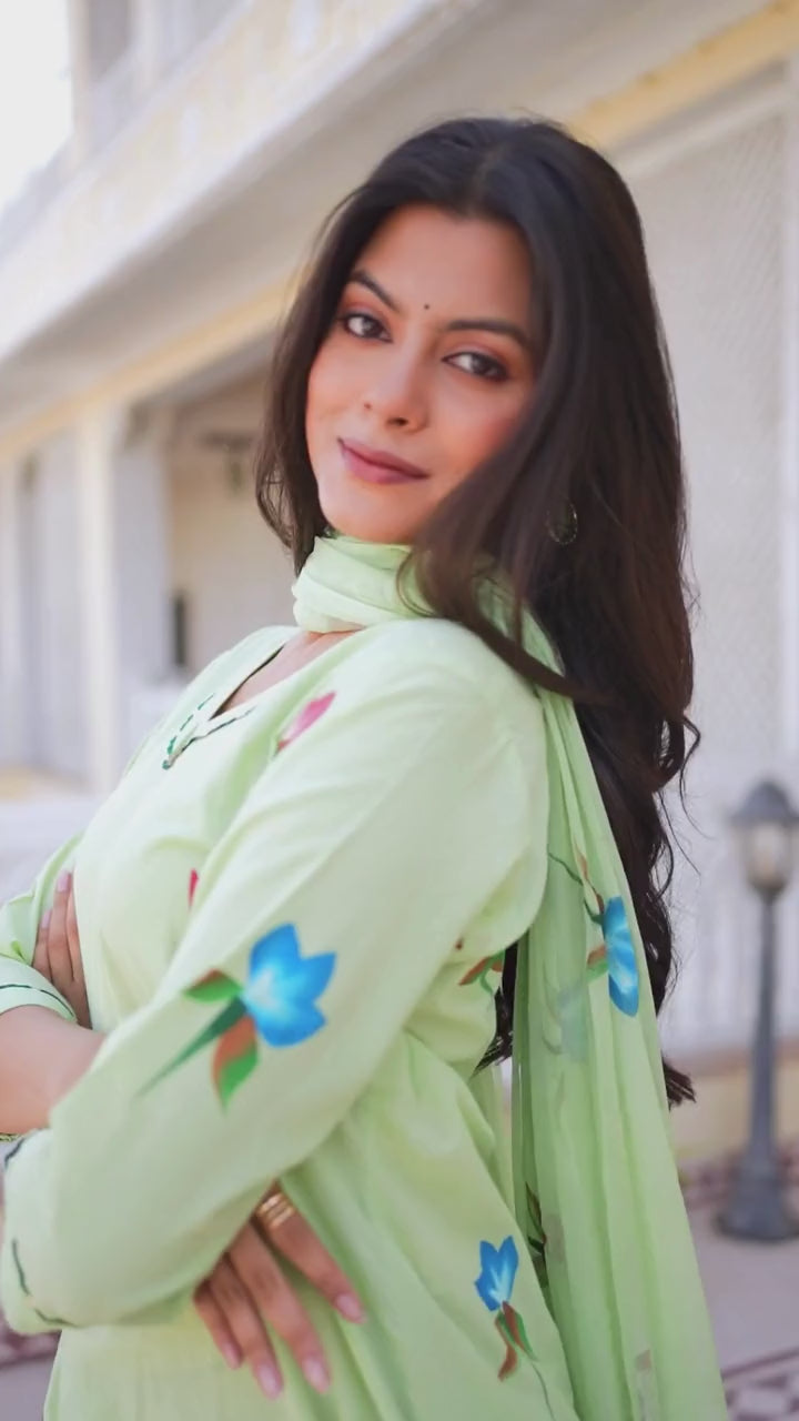 हरितांशी | Handmade Pastel Green Floral Kurta Set with Cut Work Pant & Chiffon Dupatta