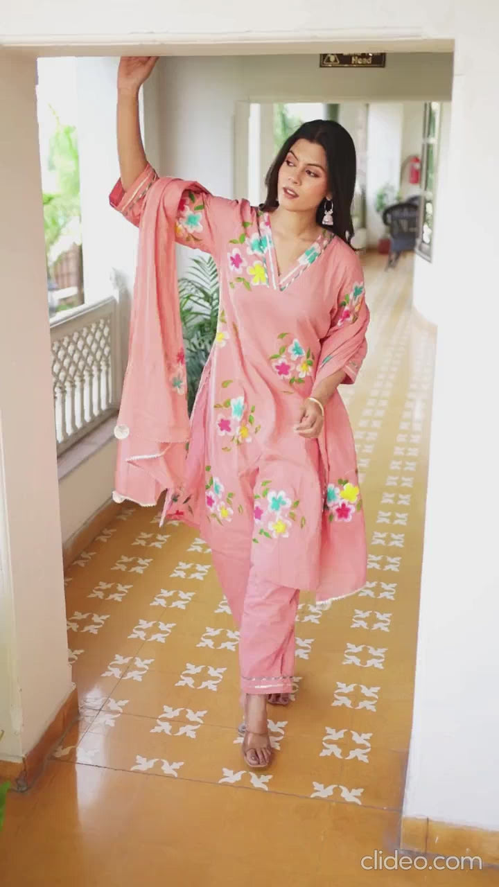 पुष्पांजलि | Pure Cotton Hand Brush Floral Print Suit Set with Resham Gota Kinari