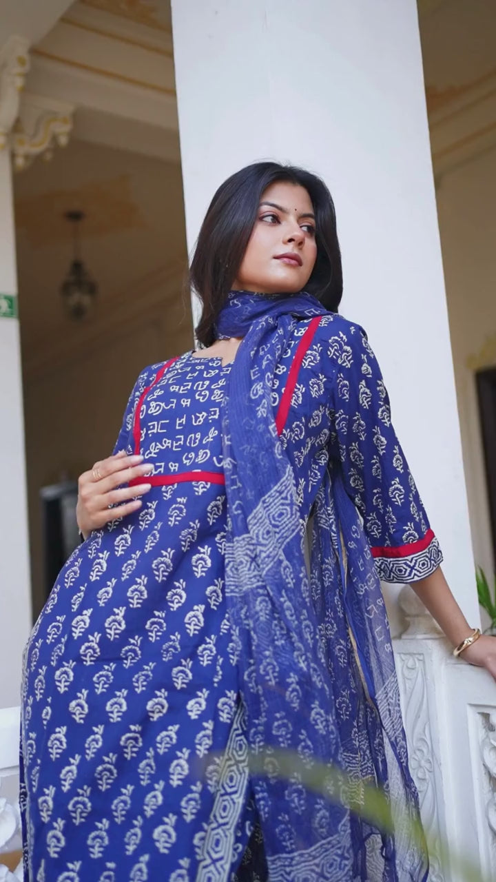 रॉयल नीलम | Pure Cotton Ajrakh Print Suit Set with Pure Chiffon Dupatta