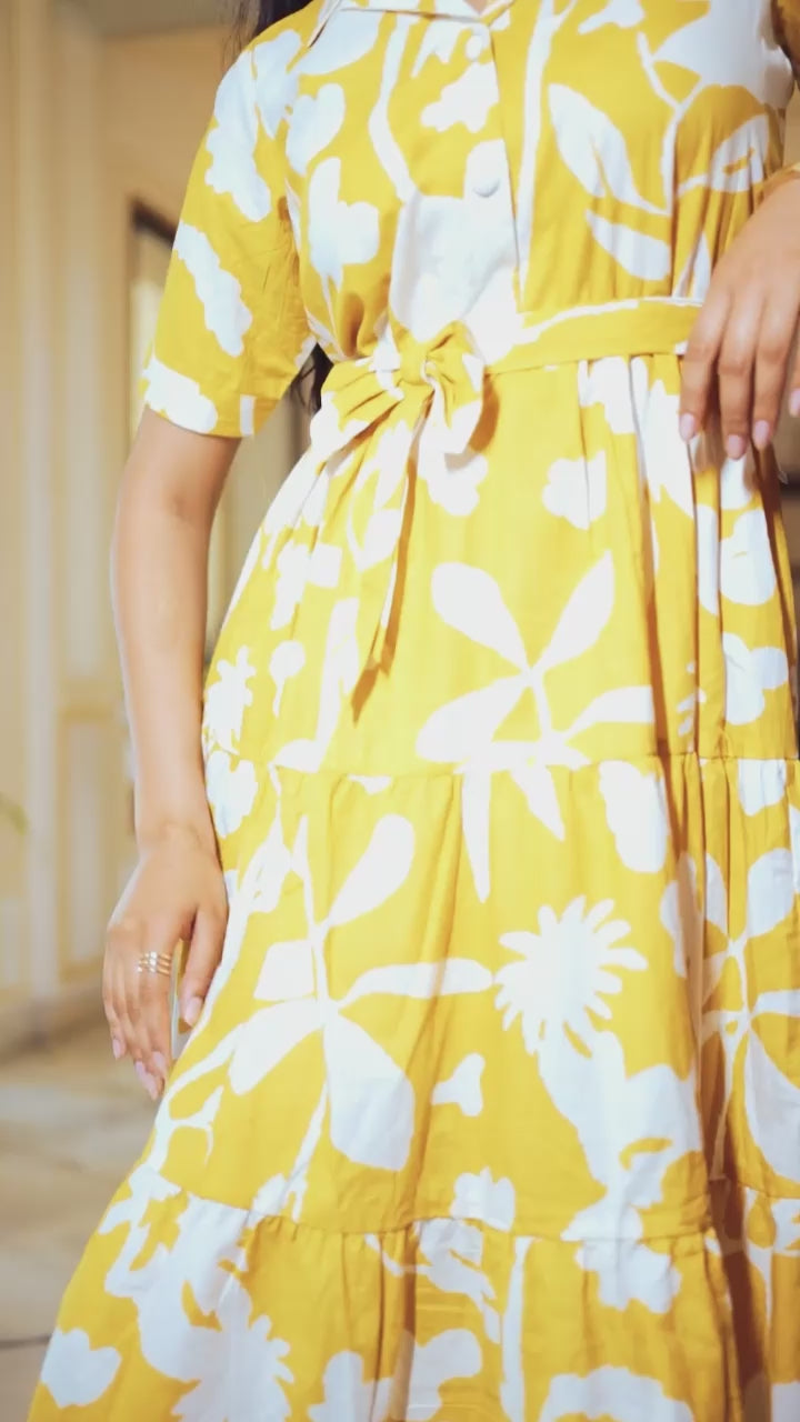 रंगमस्ती | Mustard Yellow Floral Flared Dress